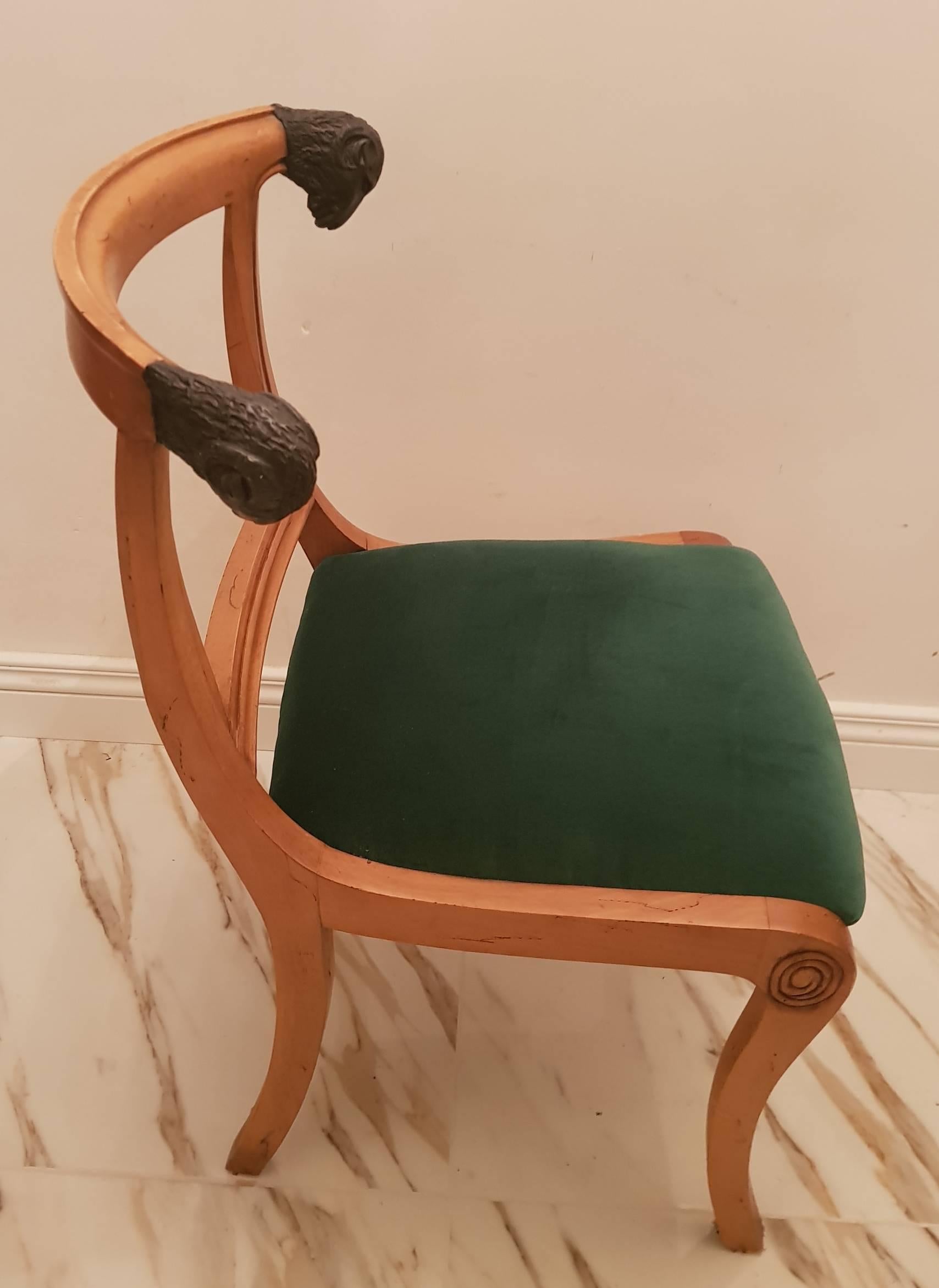 Six ram's head chairs, they are french, they are vintage and they are unique and come with new velvet upholstery. Not likely u will find a lot of six chairs in one buy.
Seathight 42cm
width 50cm
height total 82cm.
  