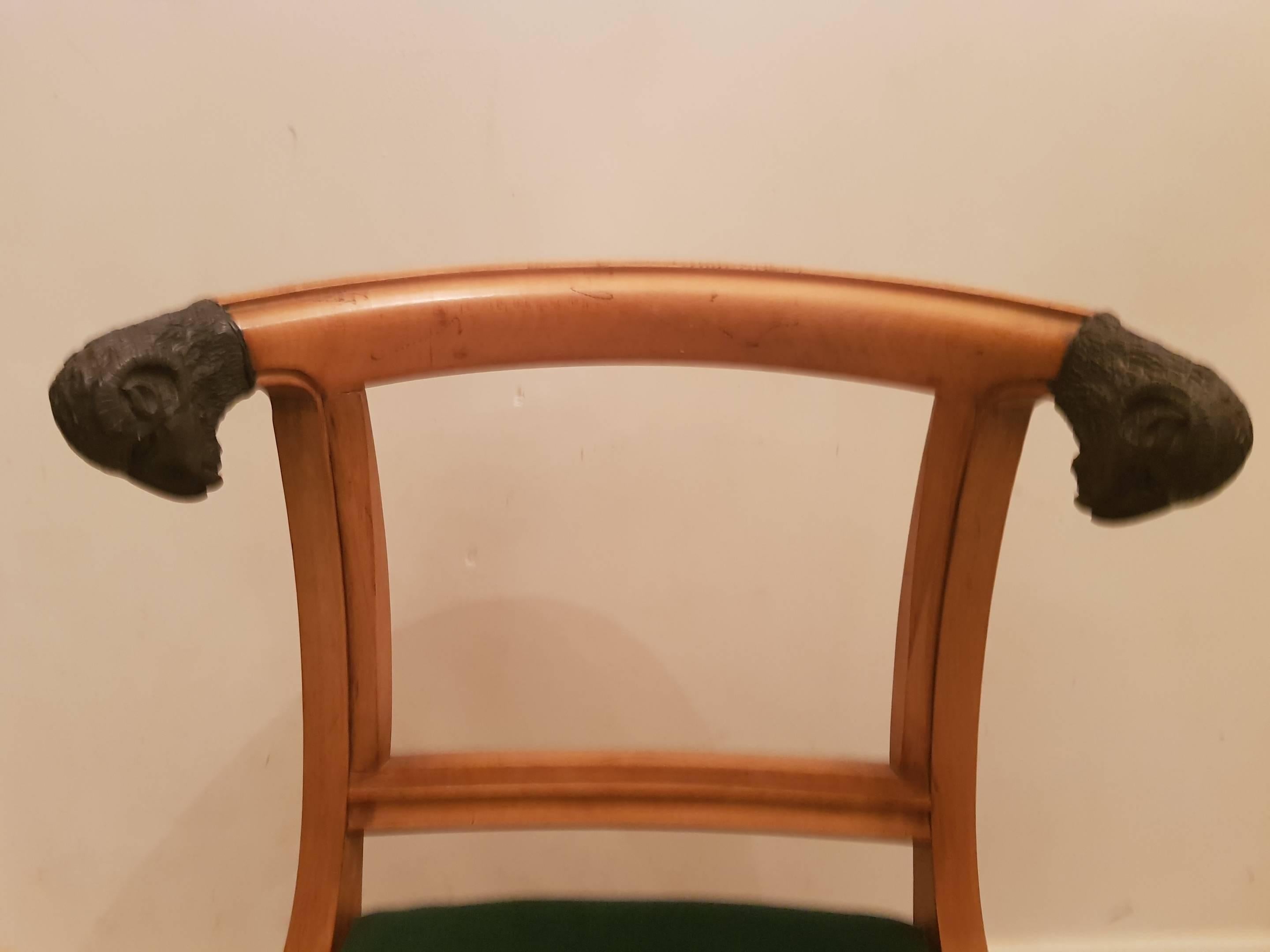 20th Century 1970's  wooden French Ram's Head Chairs with new velvet green upholstery For Sale