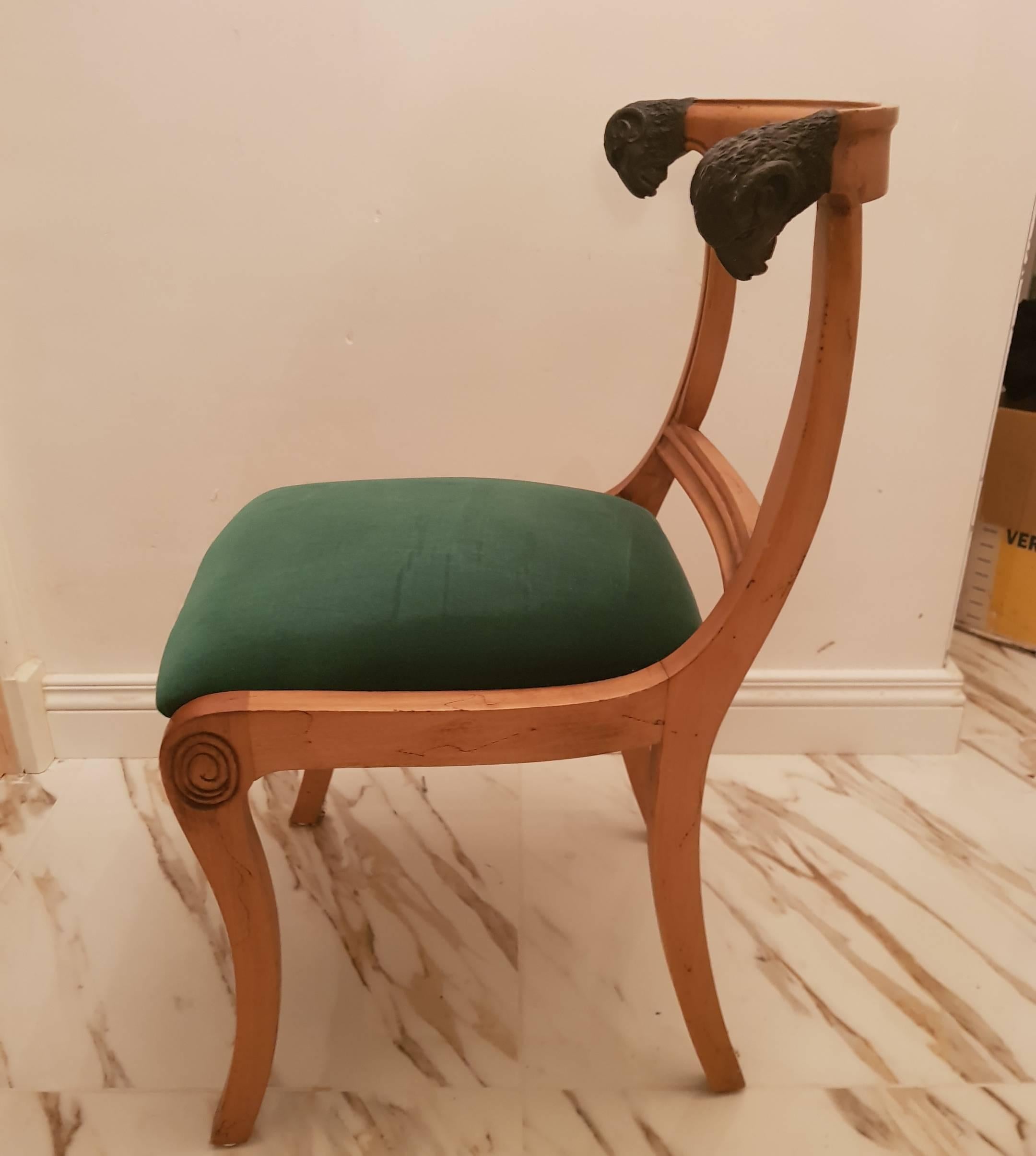 1970's  wooden French Ram's Head Chairs with new velvet green upholstery For Sale 3