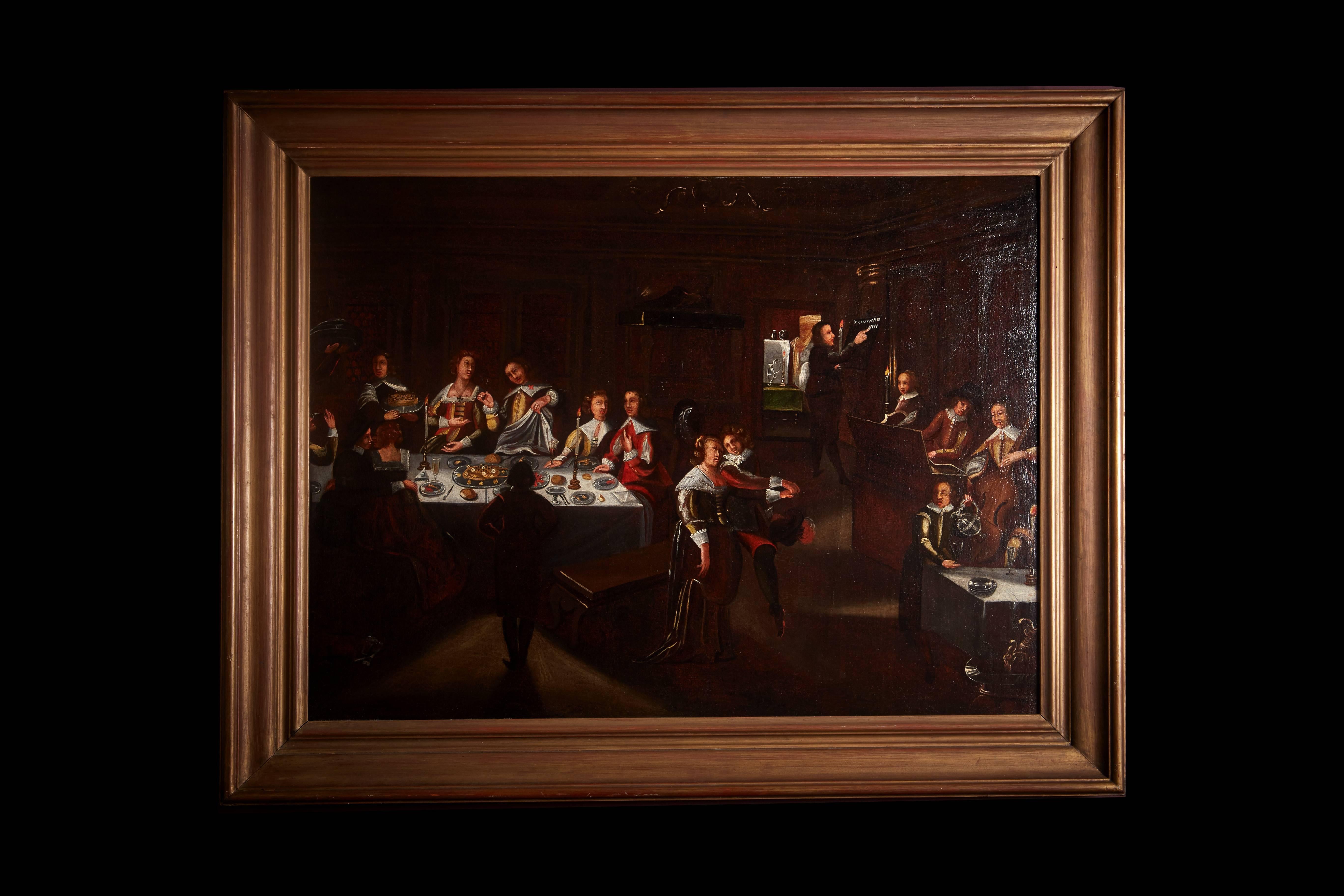 A charming and intriguing candle light depiction of a group of Flemish noble men and women at a banquet. Fine dishes of food can be seen laid on the table, guests are engaged in heady conversation, dancing and intimate flirtation. Onlookers include