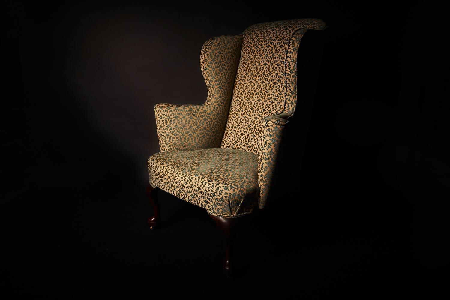 Jacquard High Sided George II Mahogany Wingback Armchair with Scrolling Arms 18th Century