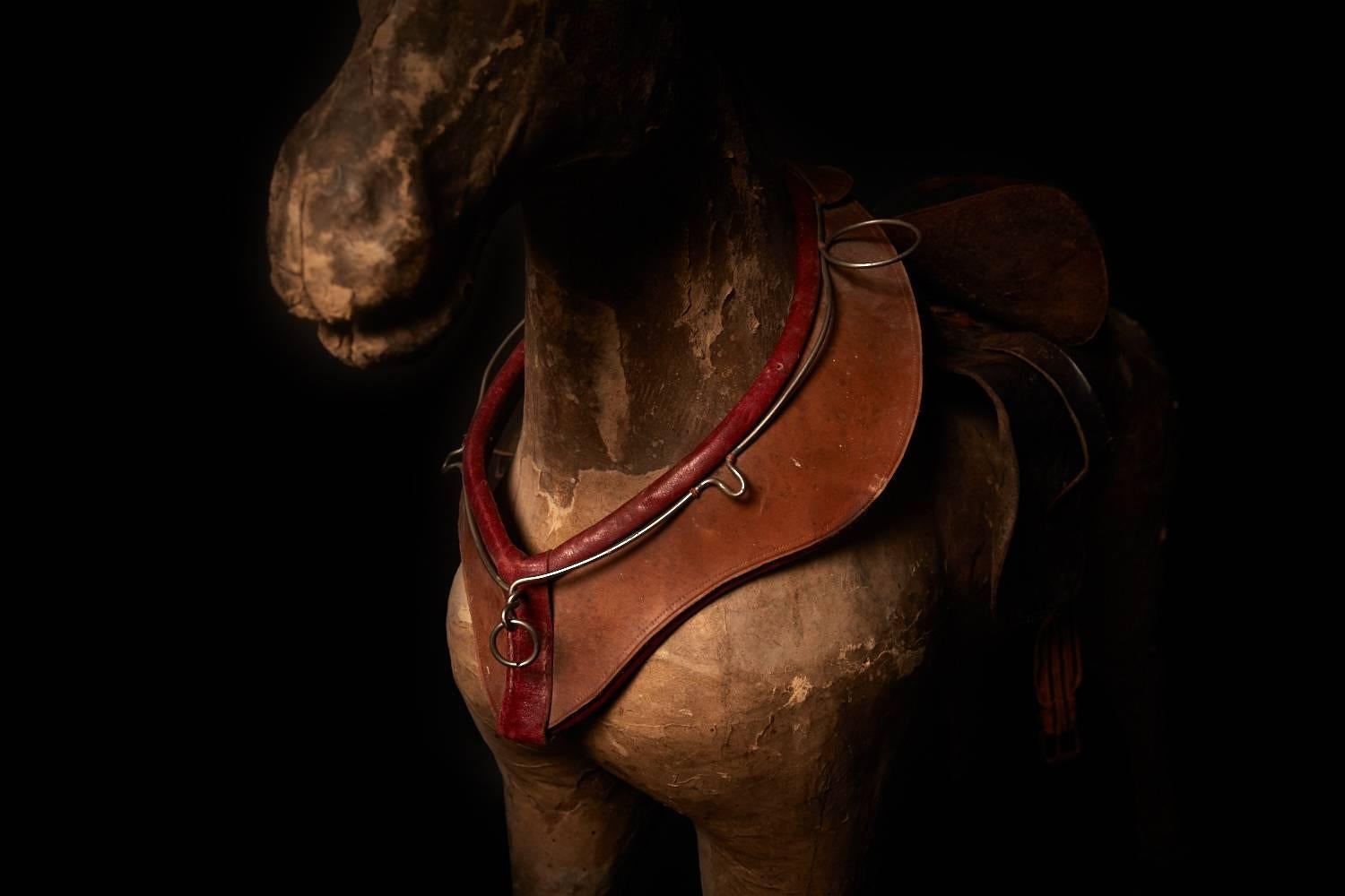 Leather Charming French Papier Mache and Wood Large Antique Horse, 19th Century For Sale