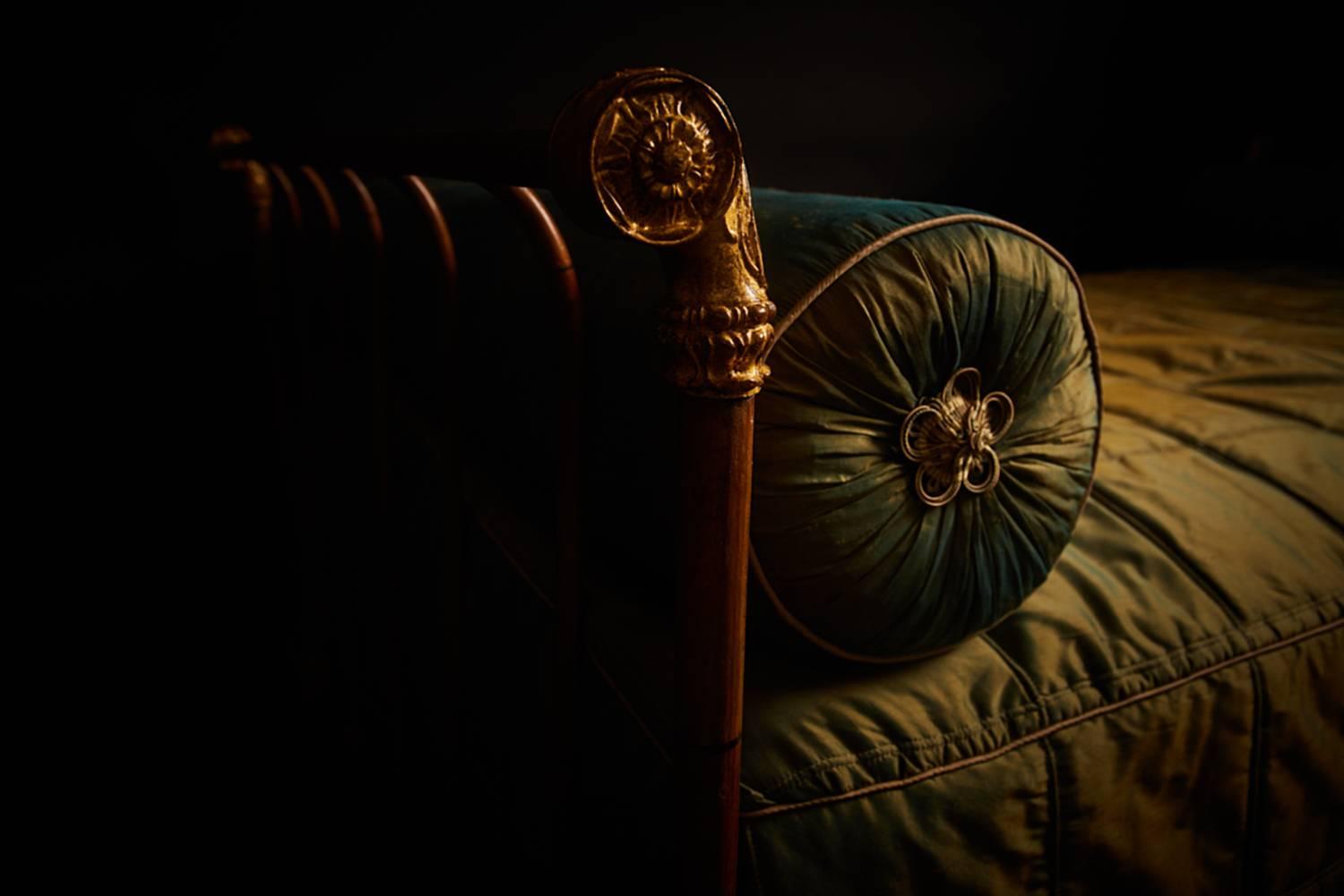 Sumptuous French Faux-Bamboo Gilt Iron Campaign Bed in Green Silk, 19th Century 1
