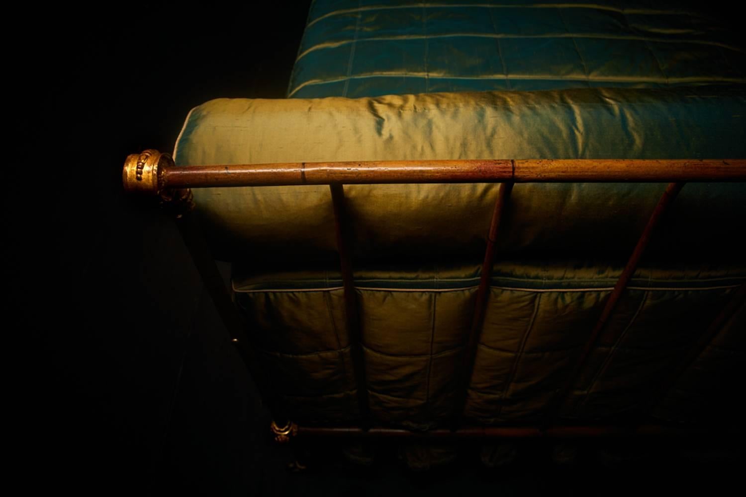 Sumptuous French Faux-Bamboo Gilt Iron Campaign Bed in Green Silk, 19th Century 2