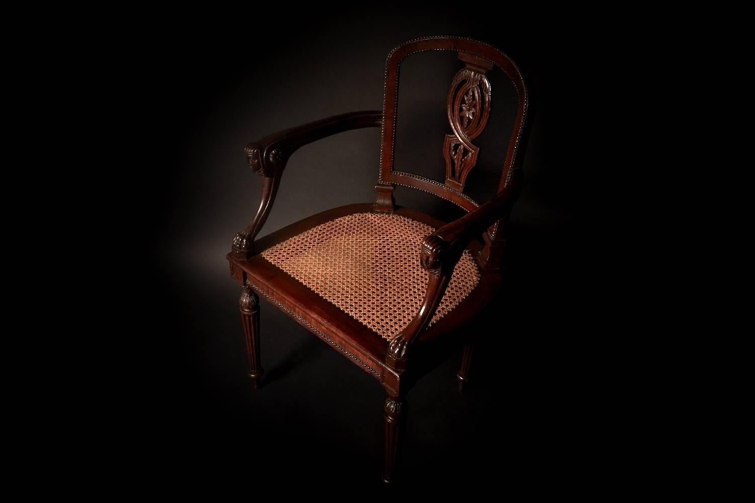 An elegant and impressive chair, with studded decorative back with foliage motif, wide generous cane seat, receded legs and carved Egyptian mask arms terminating in lions feet.