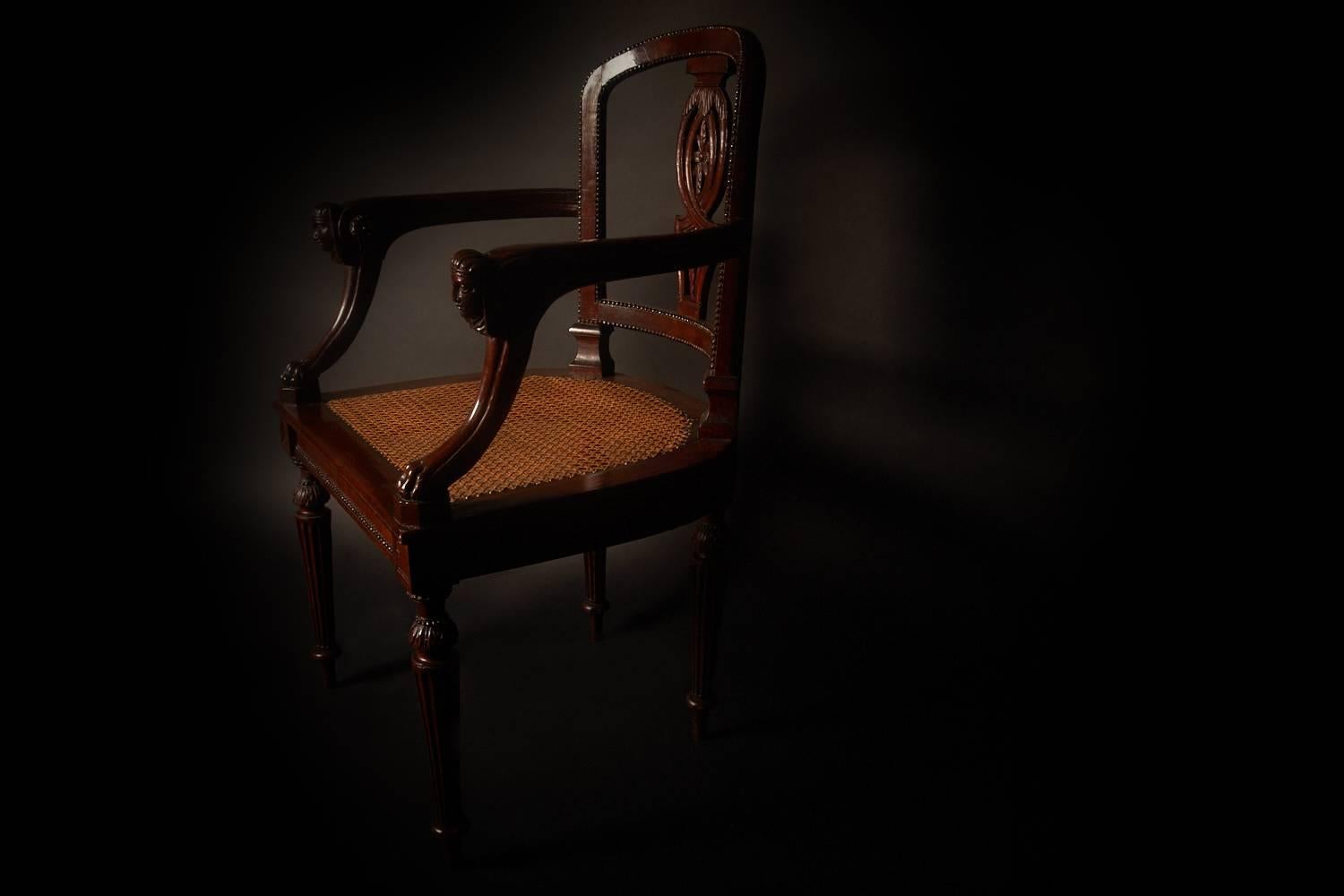 French Fine Empire Carved Fruitwood Lyons Fauteuil, France, Early 19th Century