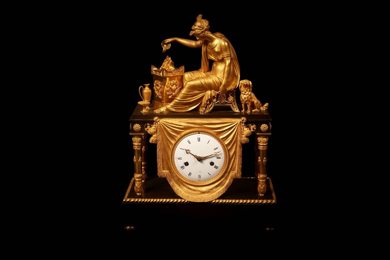 A substantial and strikingly beautiful Empire piece. An identical clock is listed in the inventory of clocks of Château de Saint Cloud, 1807.

Signed ‘A Paris’.