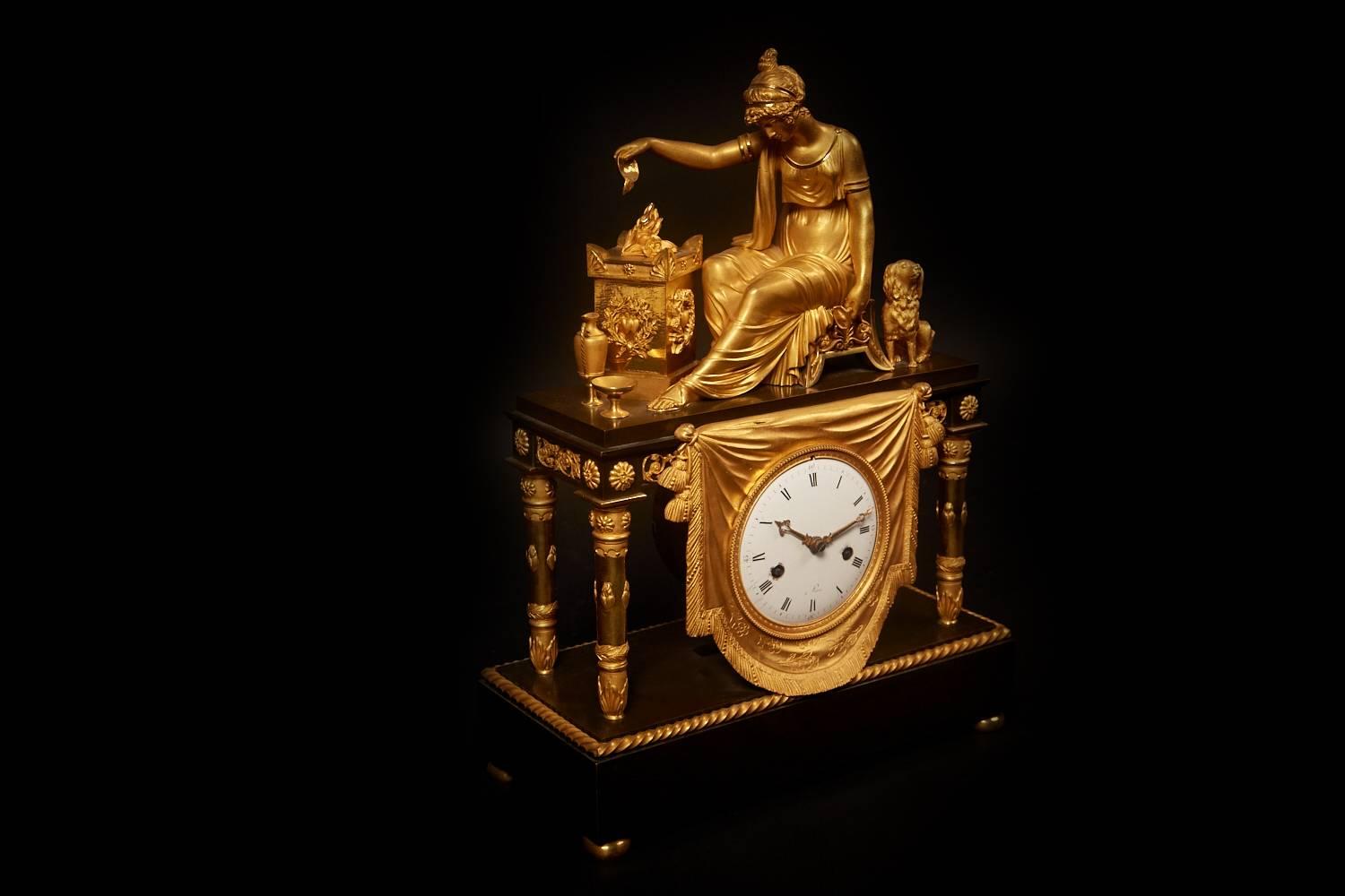 French Empire Gilt and Patinated Mantel Clock 'Sacrifice a L'amour', Paris 19th Century