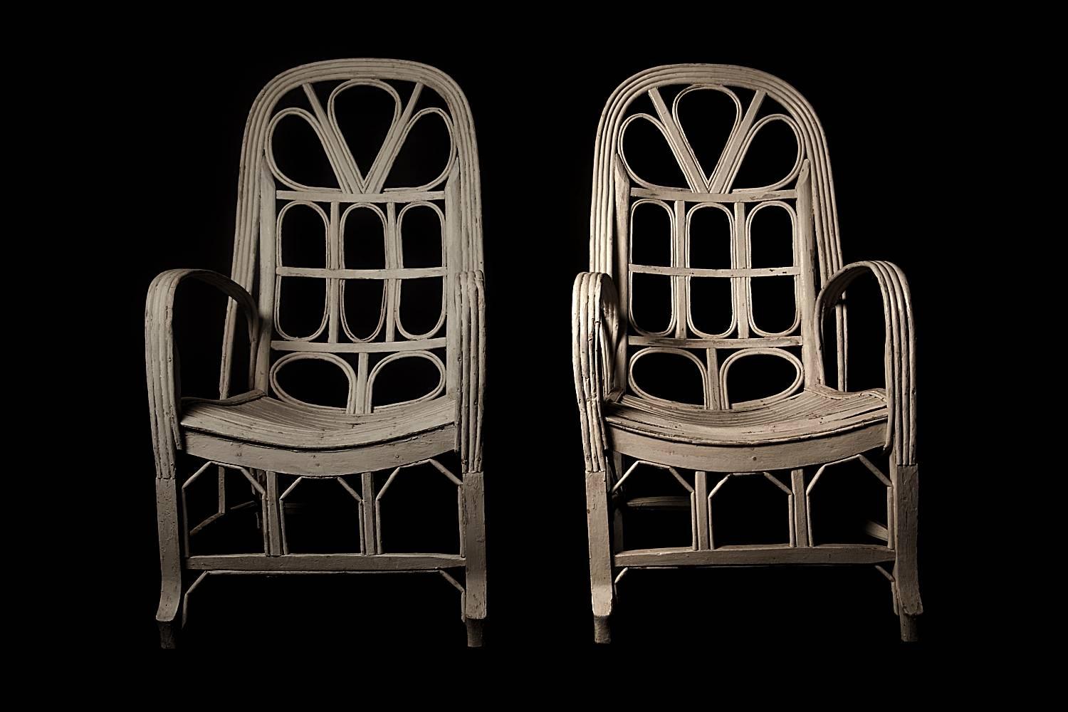 Pair of Large Elegant White Cane Conservatoire Chairs, France, 20th Century 1