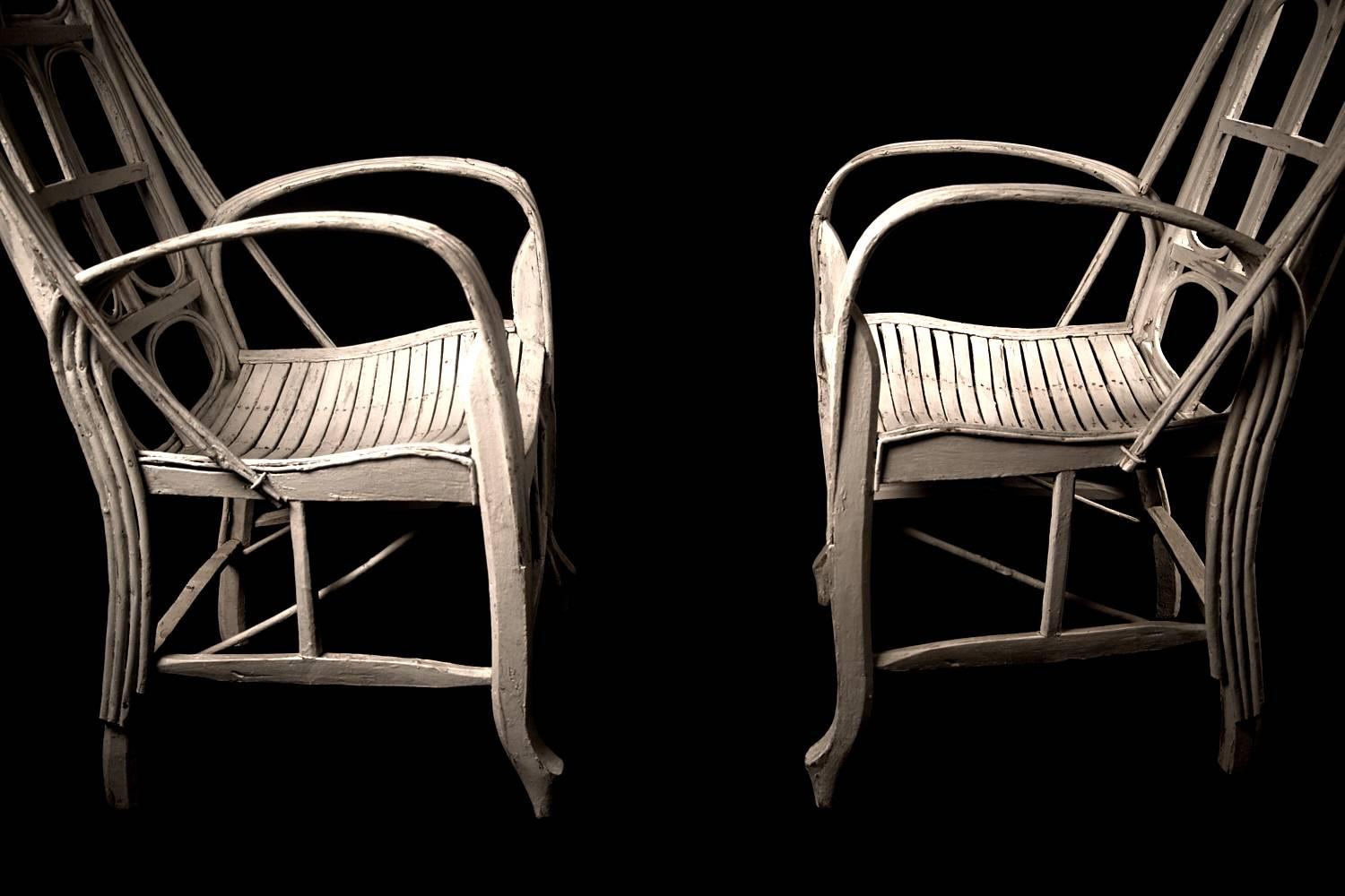 Pair of Large Elegant White Cane Conservatoire Chairs, France, 20th Century 4