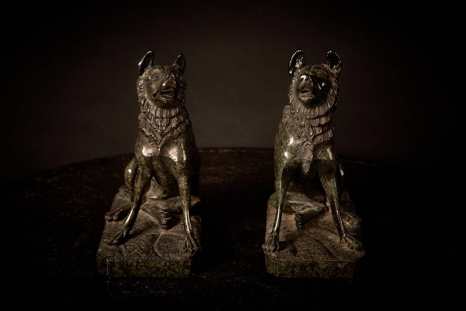 Large-scale pair of Molossian Hounds' or 'Jennings Dogs' or on occasion 'Dogs of Alcibiades'. 

Carved out of beautiful green serpentine. Unusual charismatic pieces. 

Repairs to ears, legs and stand (only visible underneath). These are original.