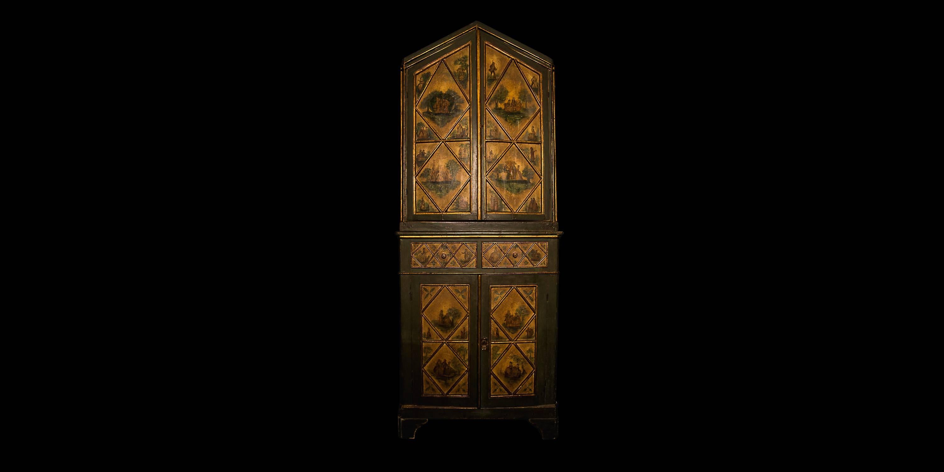 A rare 18th century, North Italian Arte Povera cabinet. The top section with simple triangular pediment above a pair of tall cupboard doors with moulded astragals enclosing vignettes of charming courtly people in rural settings. The section below