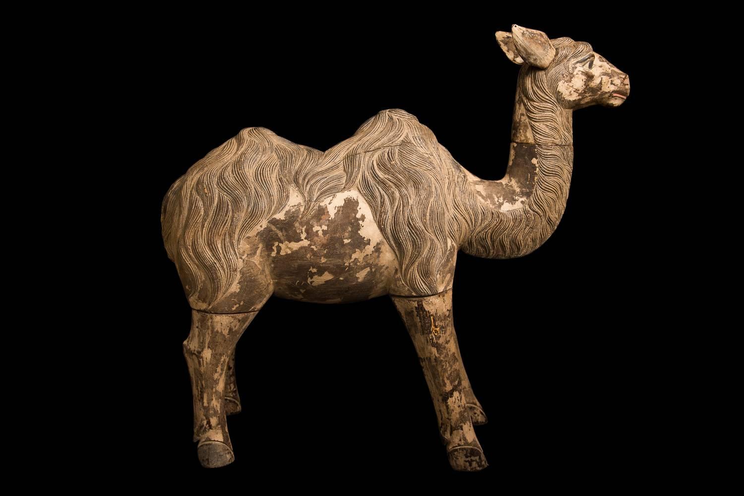 Folk Art Staggering Pair of Carved and Painted Half Lifesize Camels, India, 19th Century