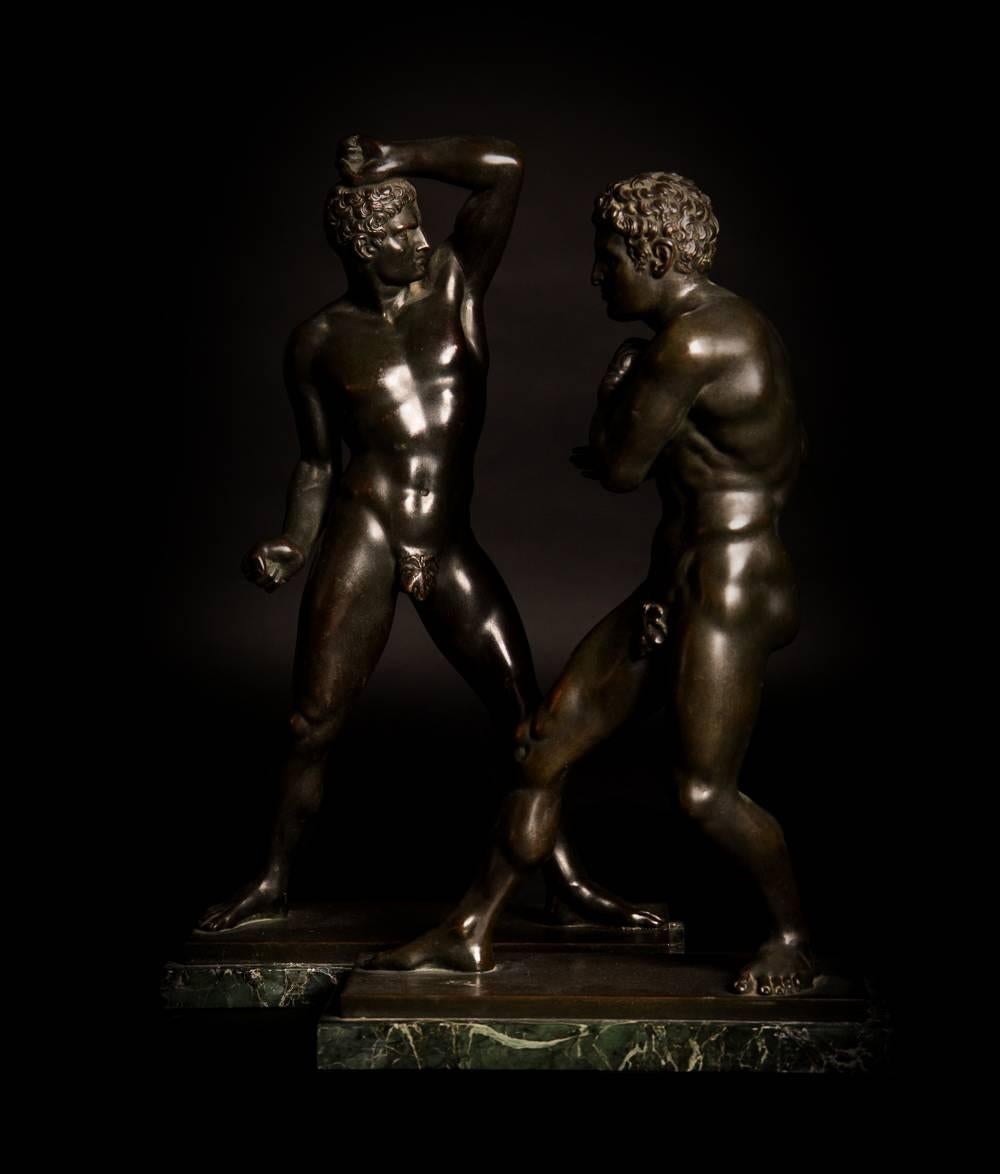 Italian Impressive Pair of Grand Tour Bronze Pugilists, Green Marble Base, 19th Century