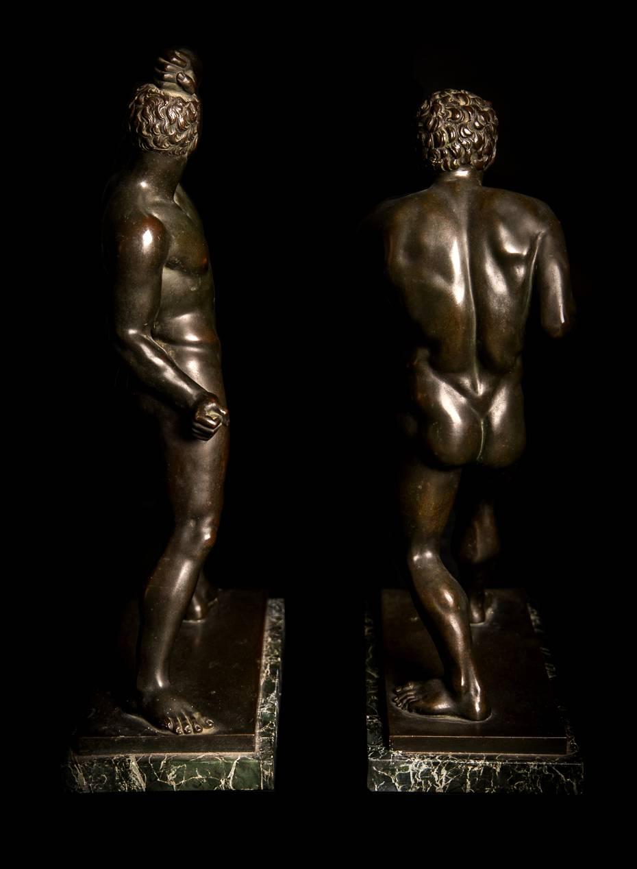 Impressive Pair of Grand Tour Bronze Pugilists, Green Marble Base, 19th Century 1