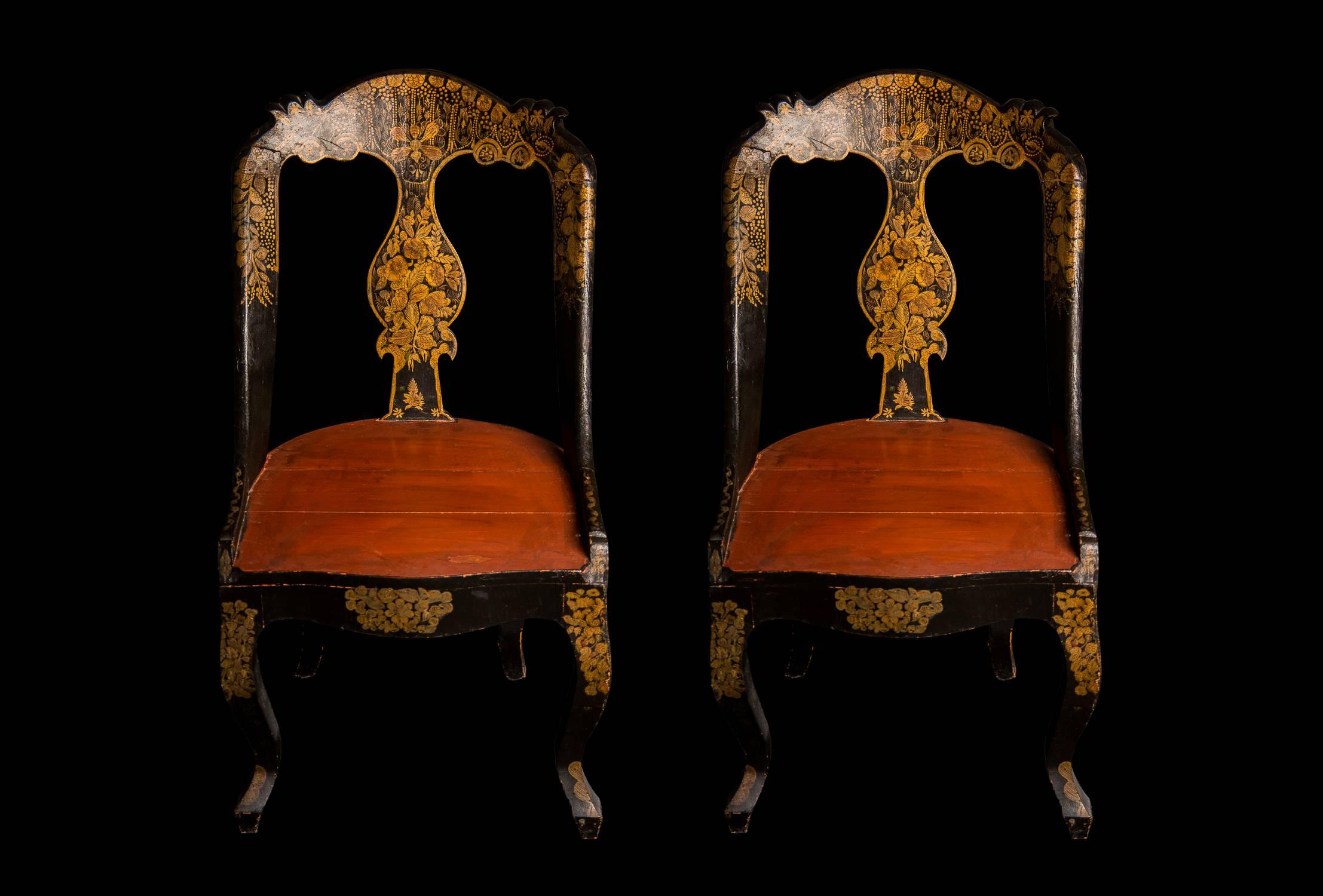 A real find, effortlessly stylish and decorative, wonderful silhouette and complimentary lines that work in any contemporary setting. This sophisticated pair of matching chairs combine both European taste and Indian decorative craftsmanship