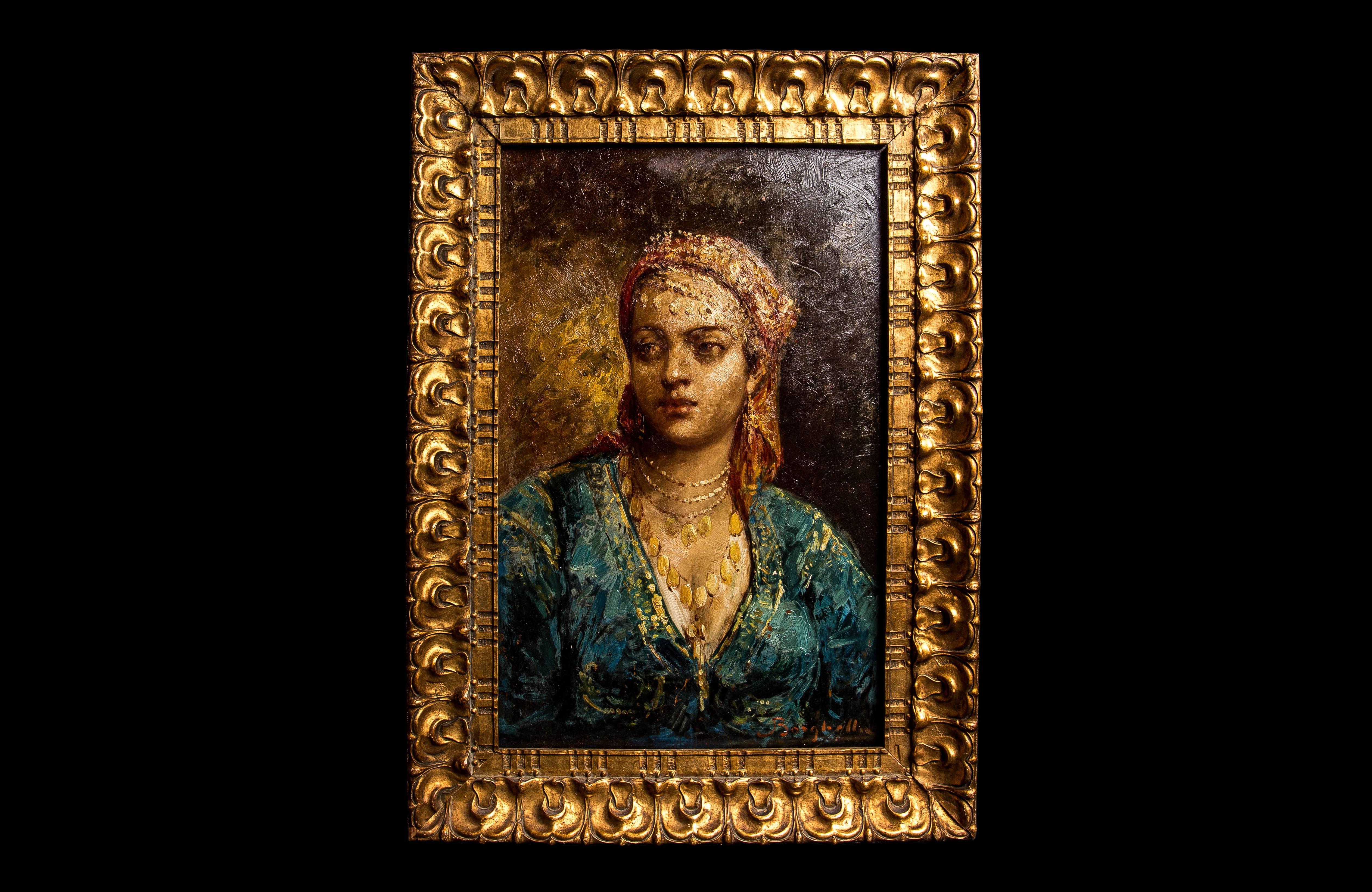 Stunning and charismatic depiction of a Moroccan Berber girl, oil on wood panel with exquisite and original orientalist gilt frame in great condition. This is a rare and stylish orientalist portrait signed by the artist Frédéric Borgella.

The