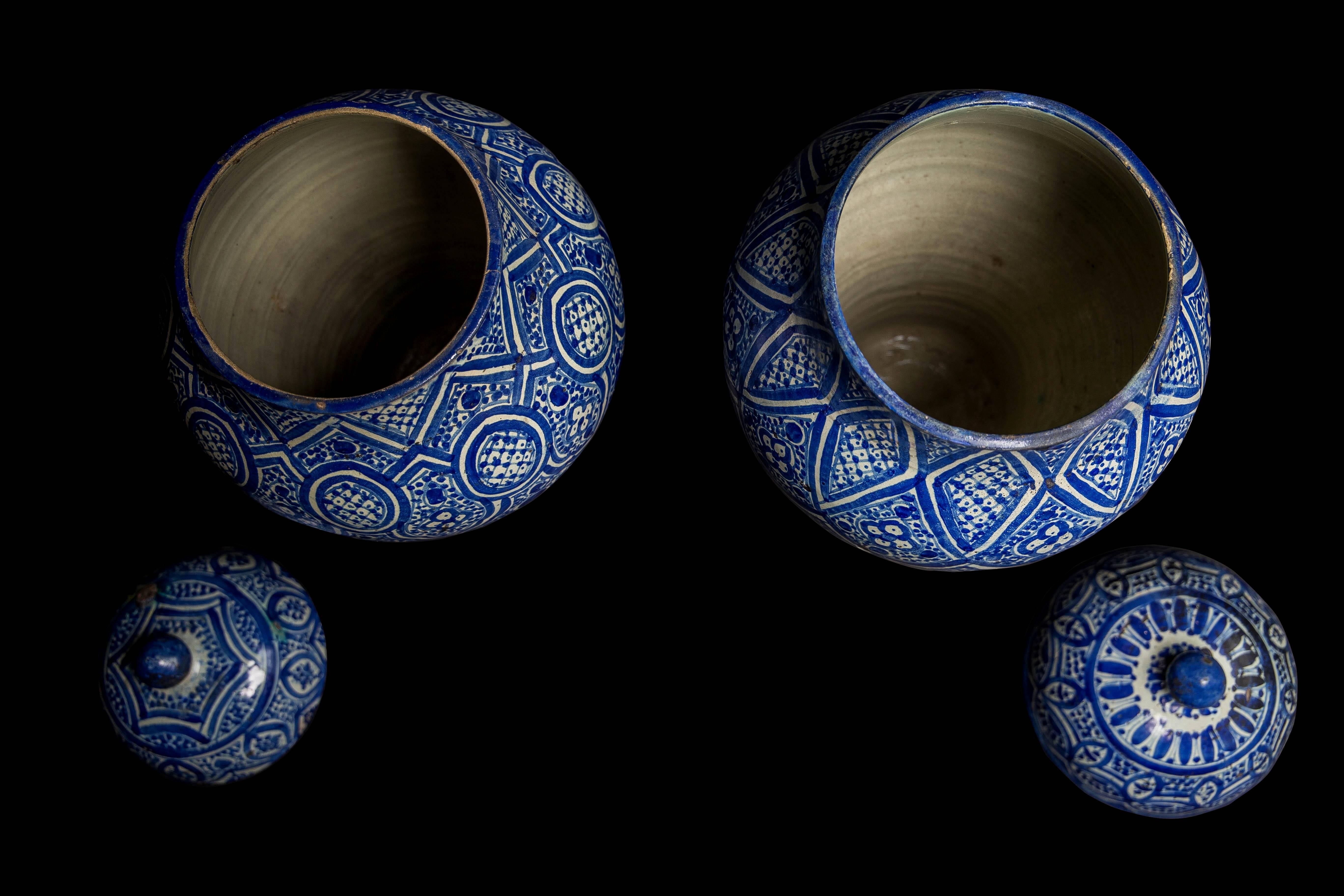 Tribal Pair of Geometric Design Moroccan Preserving Jars, Fez Pottery Late 19th Century