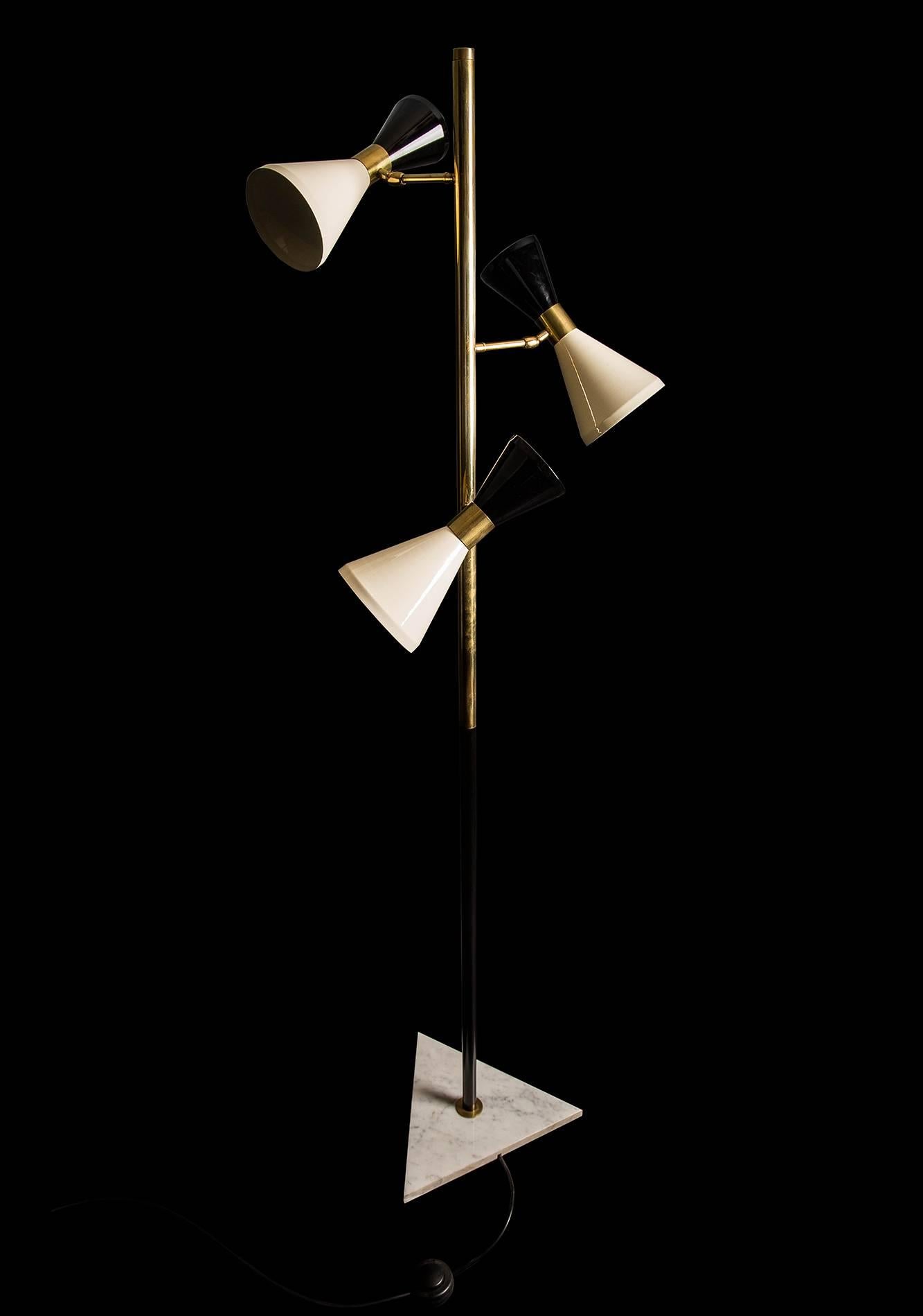 A quality brass, enamel and marble based floor lamp in the manner of the Stilnovo series C2020. 

This lamp is well made - featuring heavy brass stem with triangular marble base. Tested and wired for UK, takes E14 screw fitting bulbs.