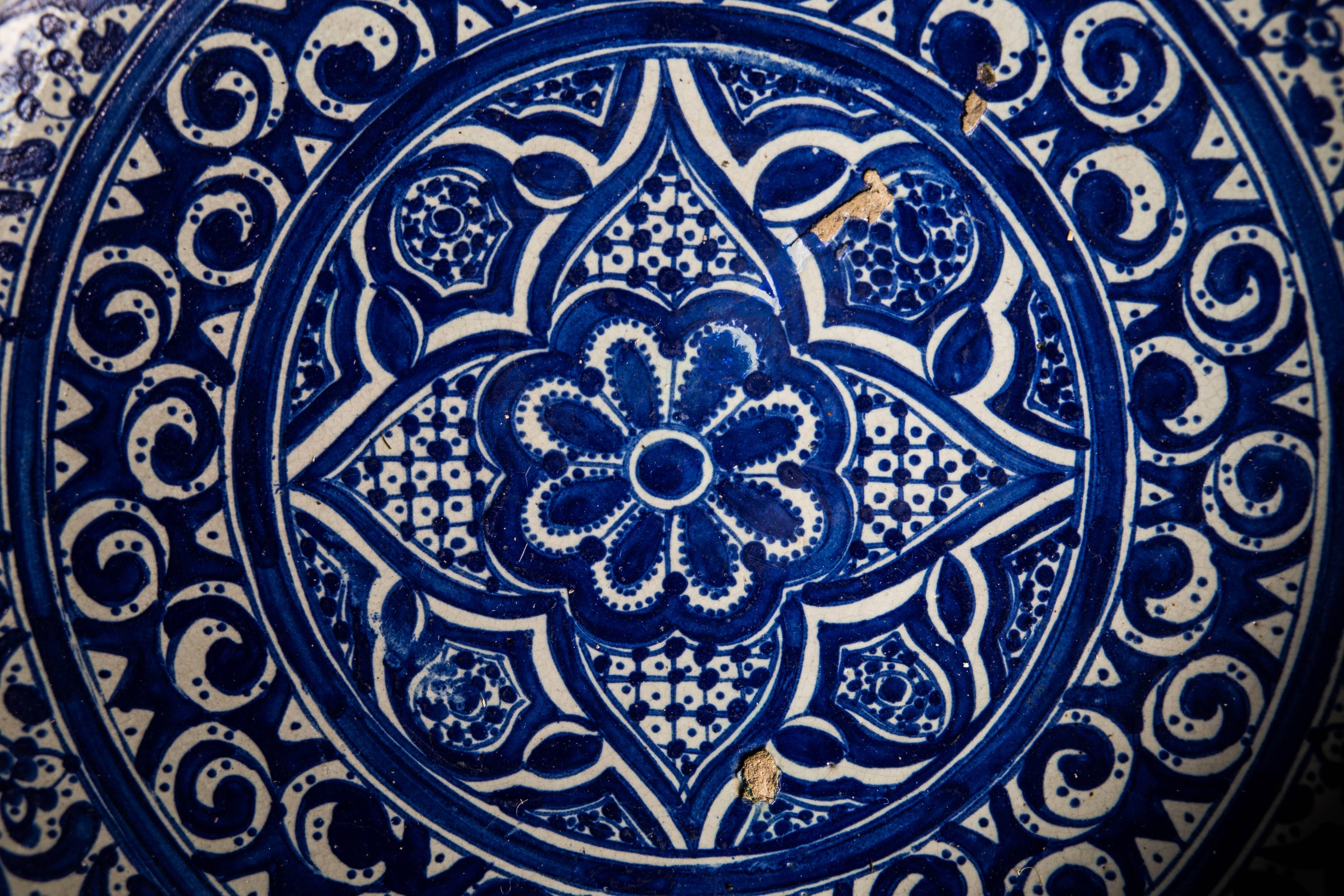 Moroccan Cobalt Blue Geometric Design Earthenware Bowl, Fez Pottery, circa 1890