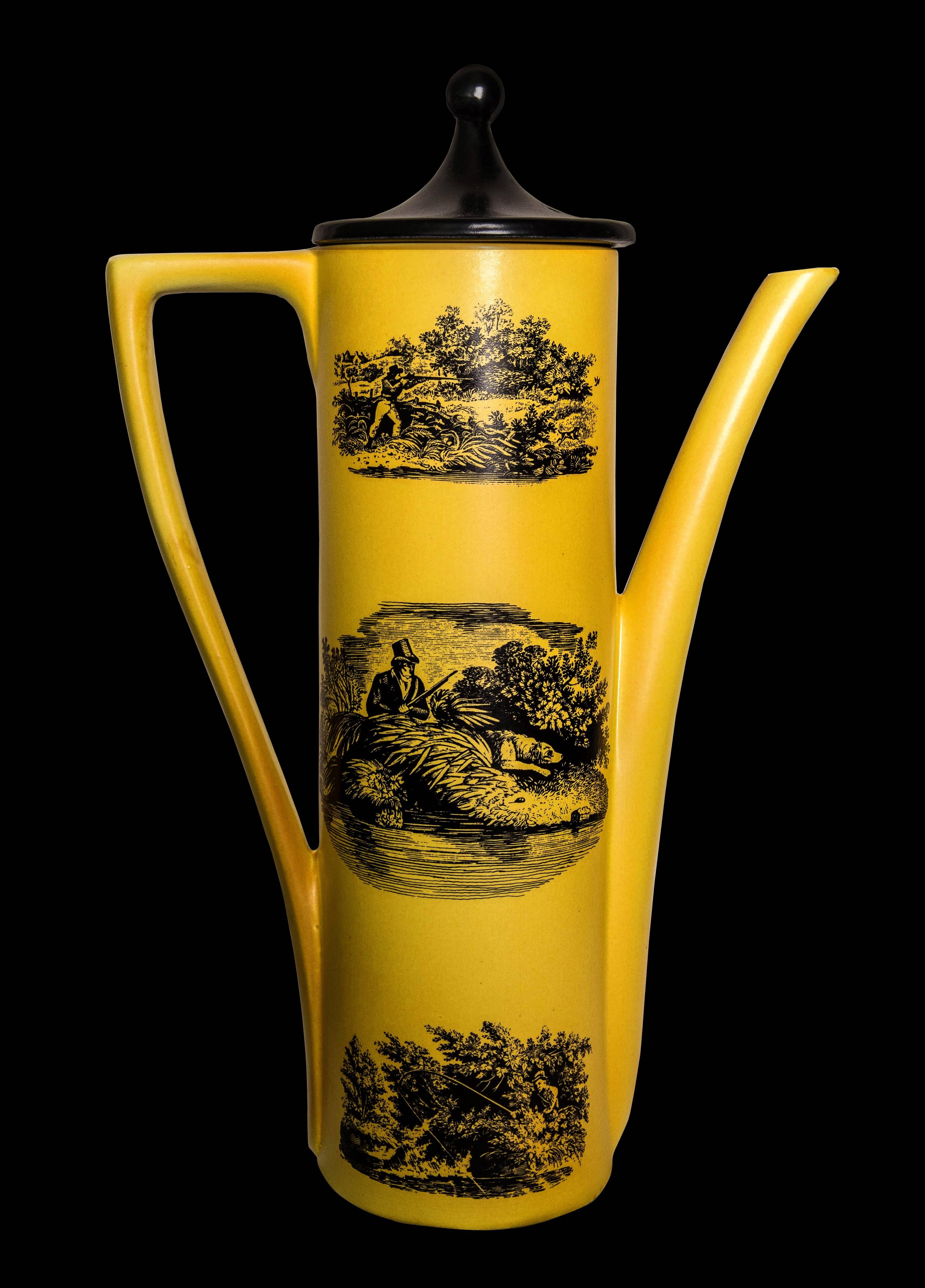 Elegant 1960s design coffee pot in rare graphic yellow and black glaze colourway, depicting 'Sporting Scenes' from engravings by Thomas Berwick 1752-1828. Designed by the renowned Susan Williams-Ellis, who made a major contribution to British design