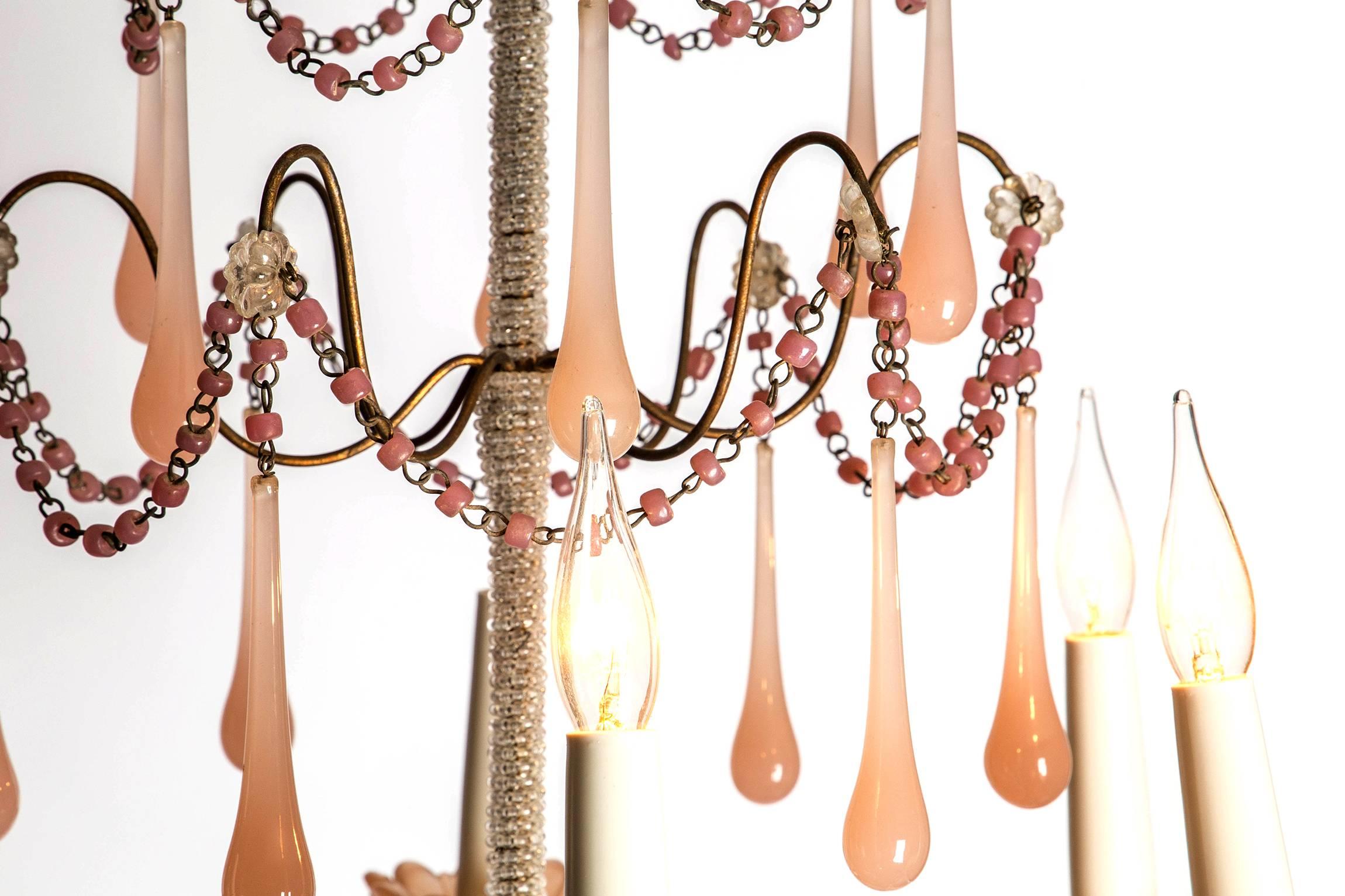 Italian Boudoir Chandelier with Handblown Rose Glass Droplets and Beads, circa 1920