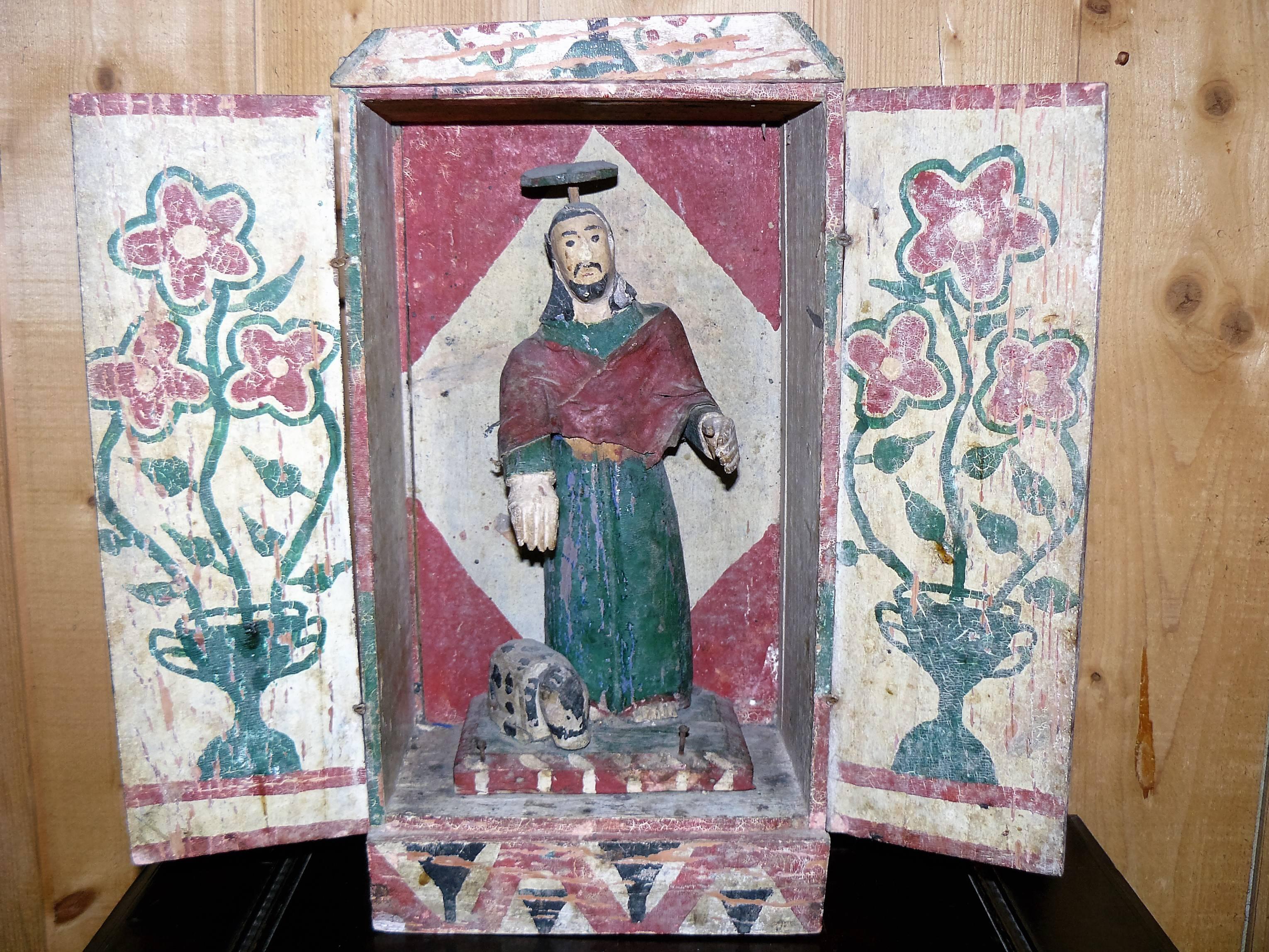 Painted 19th Century Mexican Nicho Altar with Saint Roch For Sale