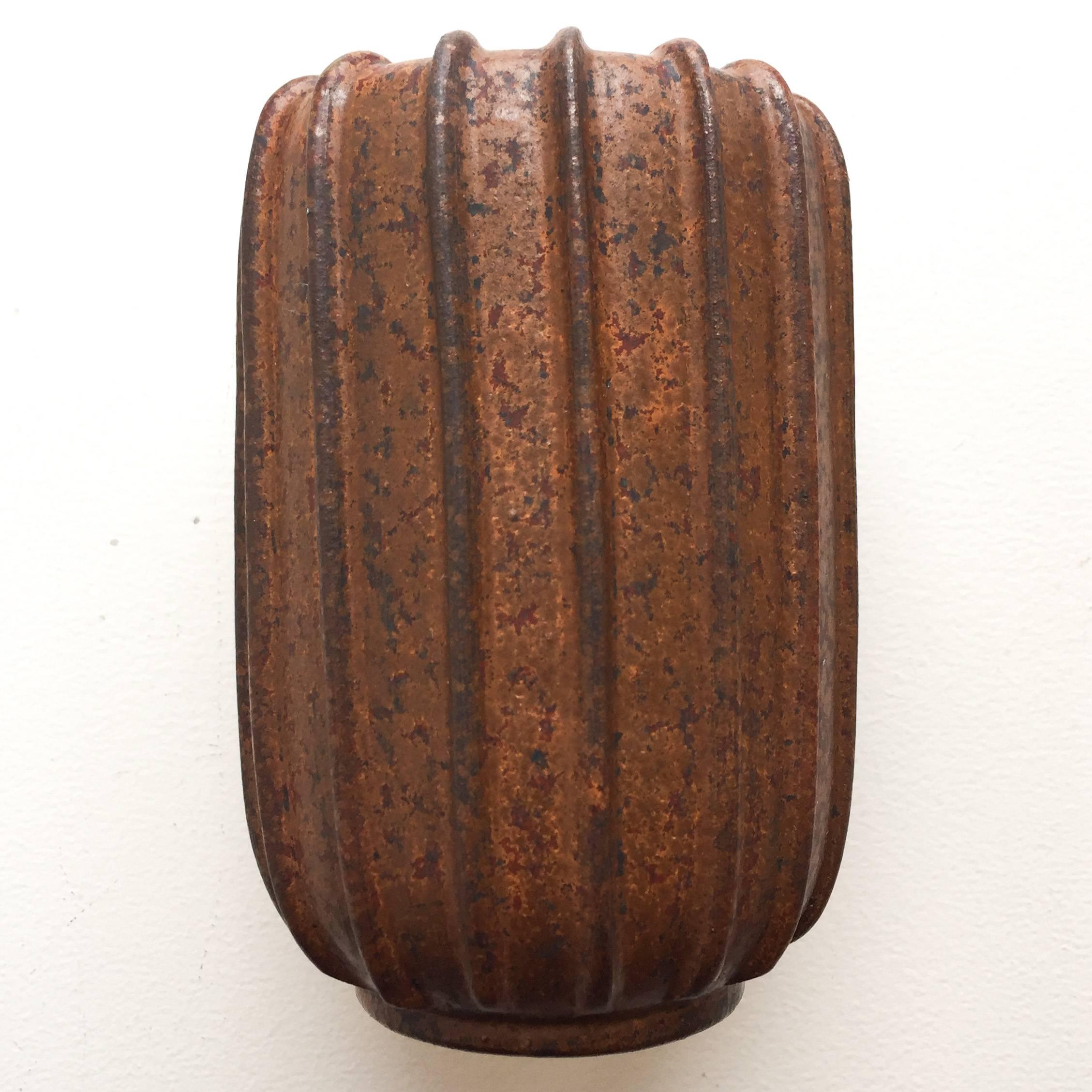 Stoneware Arne Bang vase with vertical fluted pattern, decorated brown, signed with his initials. Mint condition.