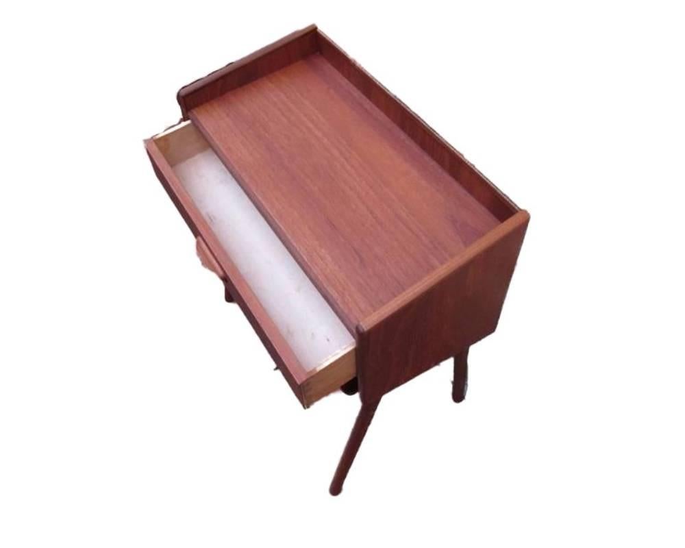 This pair of Mid-Century Modern nightstands is designed in Denmark. They come with a single drawer storage and uniquely detailed pulls. Underneath they have a shelf in cane. Great set of end tables for any room be it the living room or the