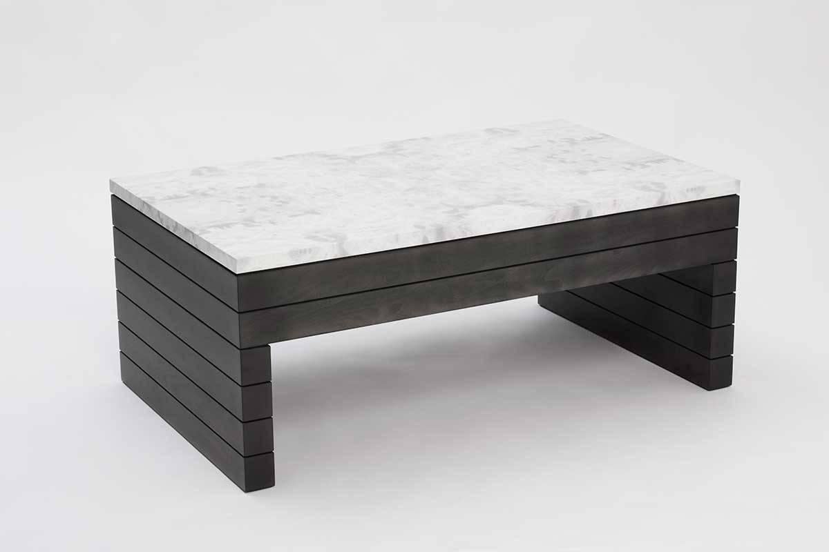 Horizontally-stack sticks with mitered joinery. Solid surface top using marble, compressed/recycled paper or Corian.