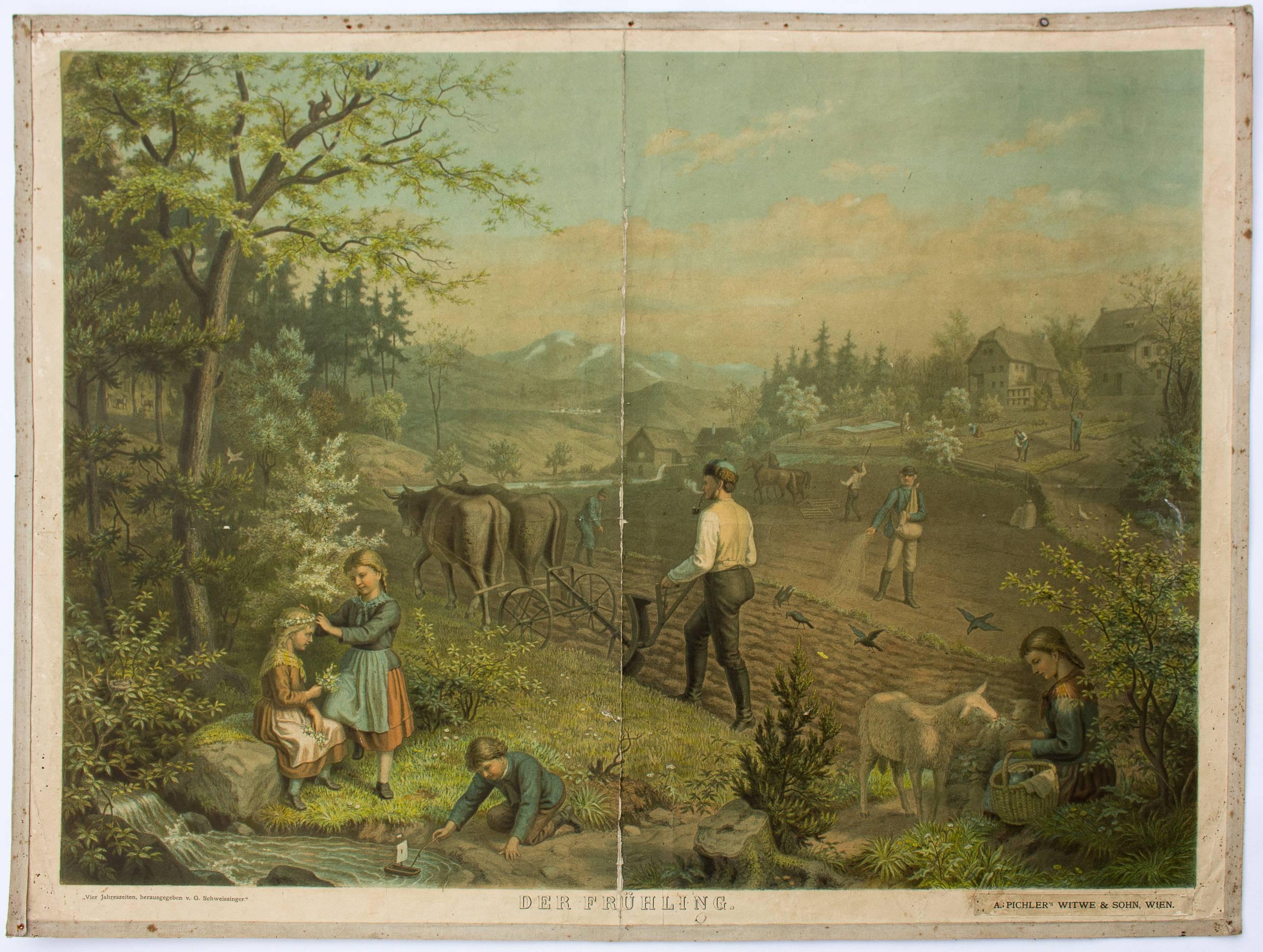 This very rare color lithograph consists of four pictures of the four seasons from 1885 was produced by G. Schweisinger and published by F.E. Wachsmuth, Leipzig.