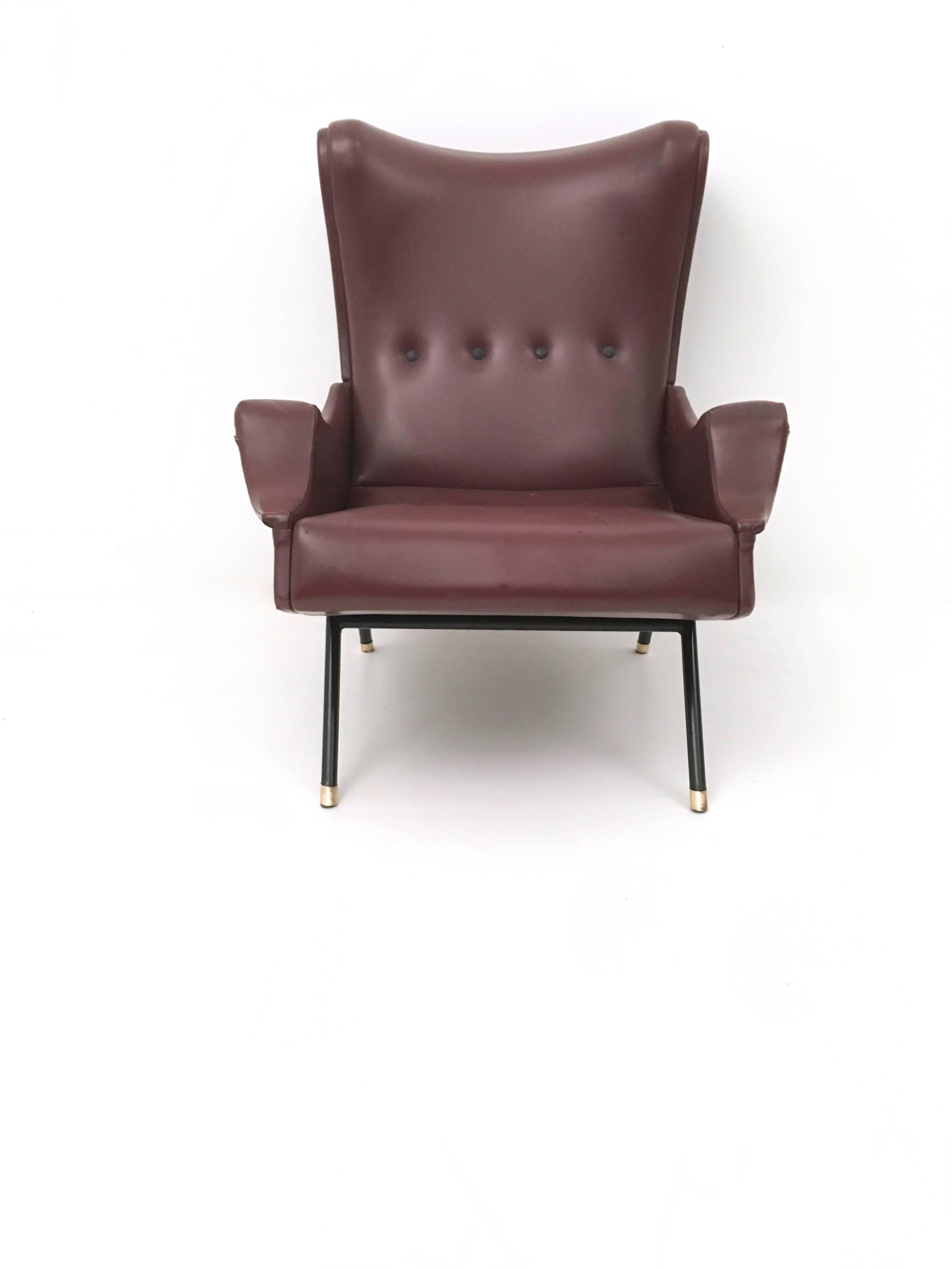 Mid-Century Modern Vintage Burgundy Skai, Brass and Metal Lounge Chair, Italy For Sale