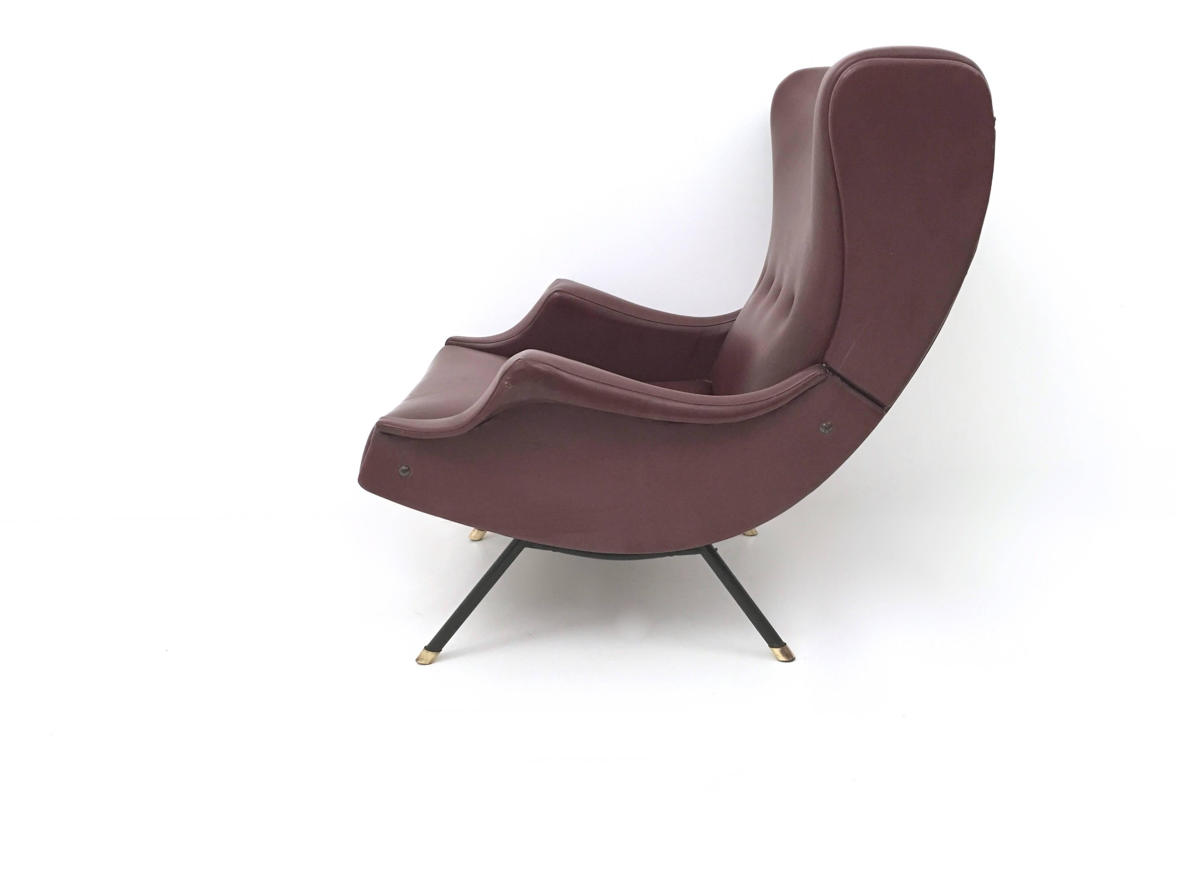Italian Vintage Burgundy Skai, Brass and Metal Lounge Chair, Italy For Sale