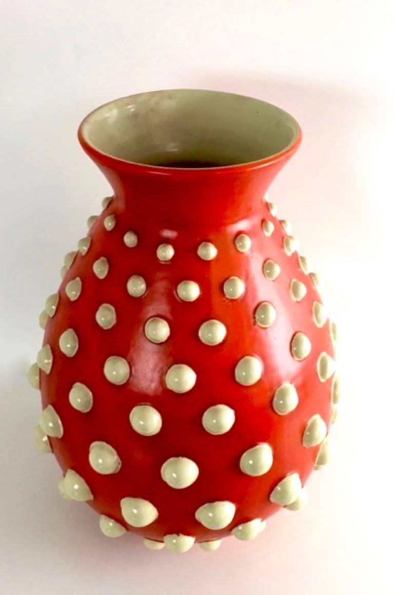 Polished Scarlet Red Terracotta Vase with Ivory Embossed Polka Dots, Italy, 1940s