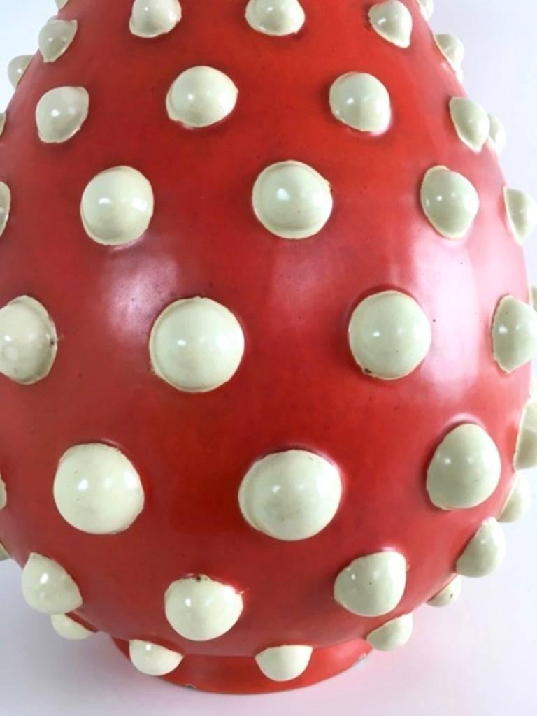 Scarlet Red Terracotta Vase with Ivory Embossed Polka Dots, Italy, 1940s 3