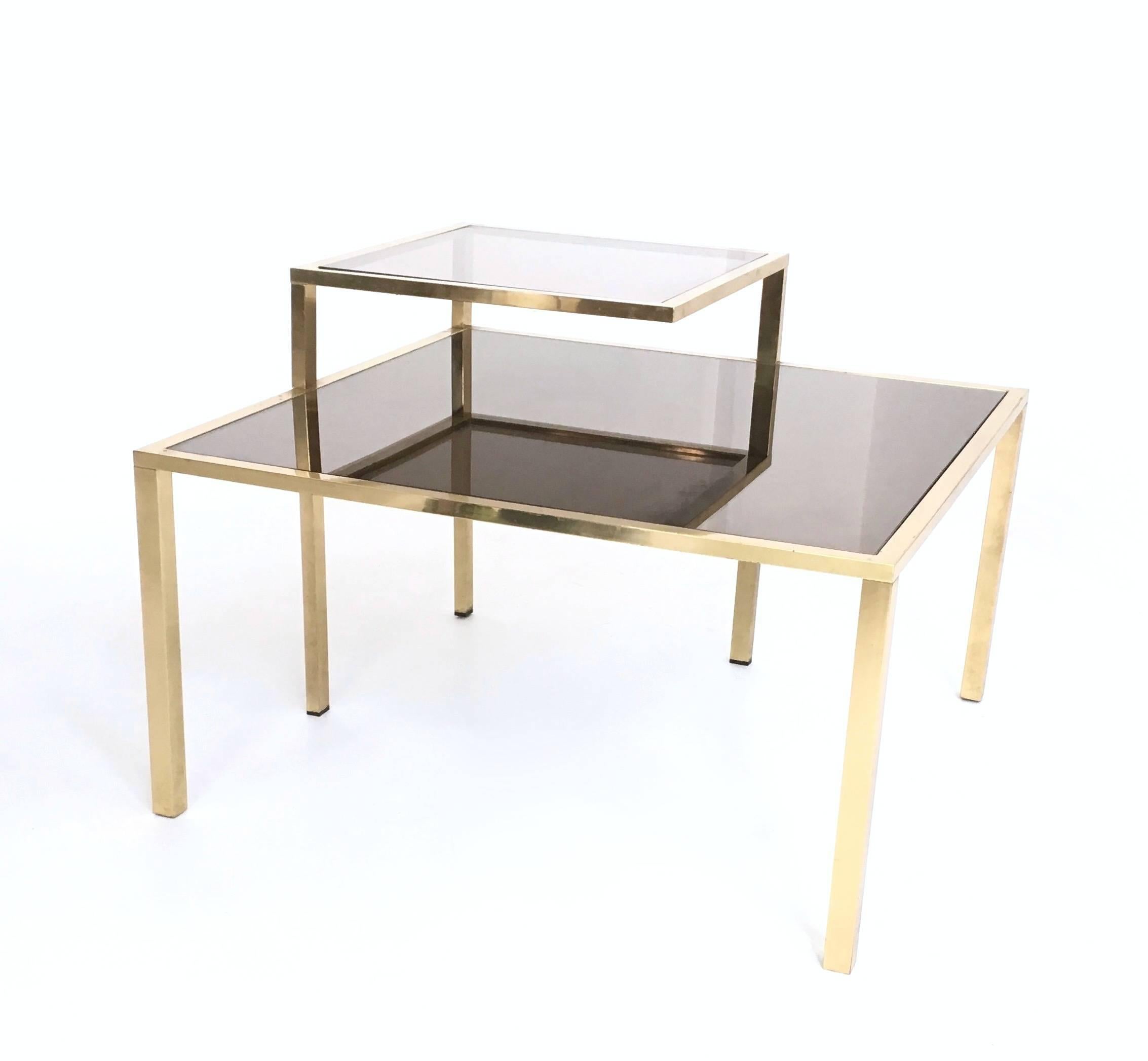 Minimalist Postmodern Square Brass Coffee Table with Glass Shelf and Mirrored Top, Italy For Sale