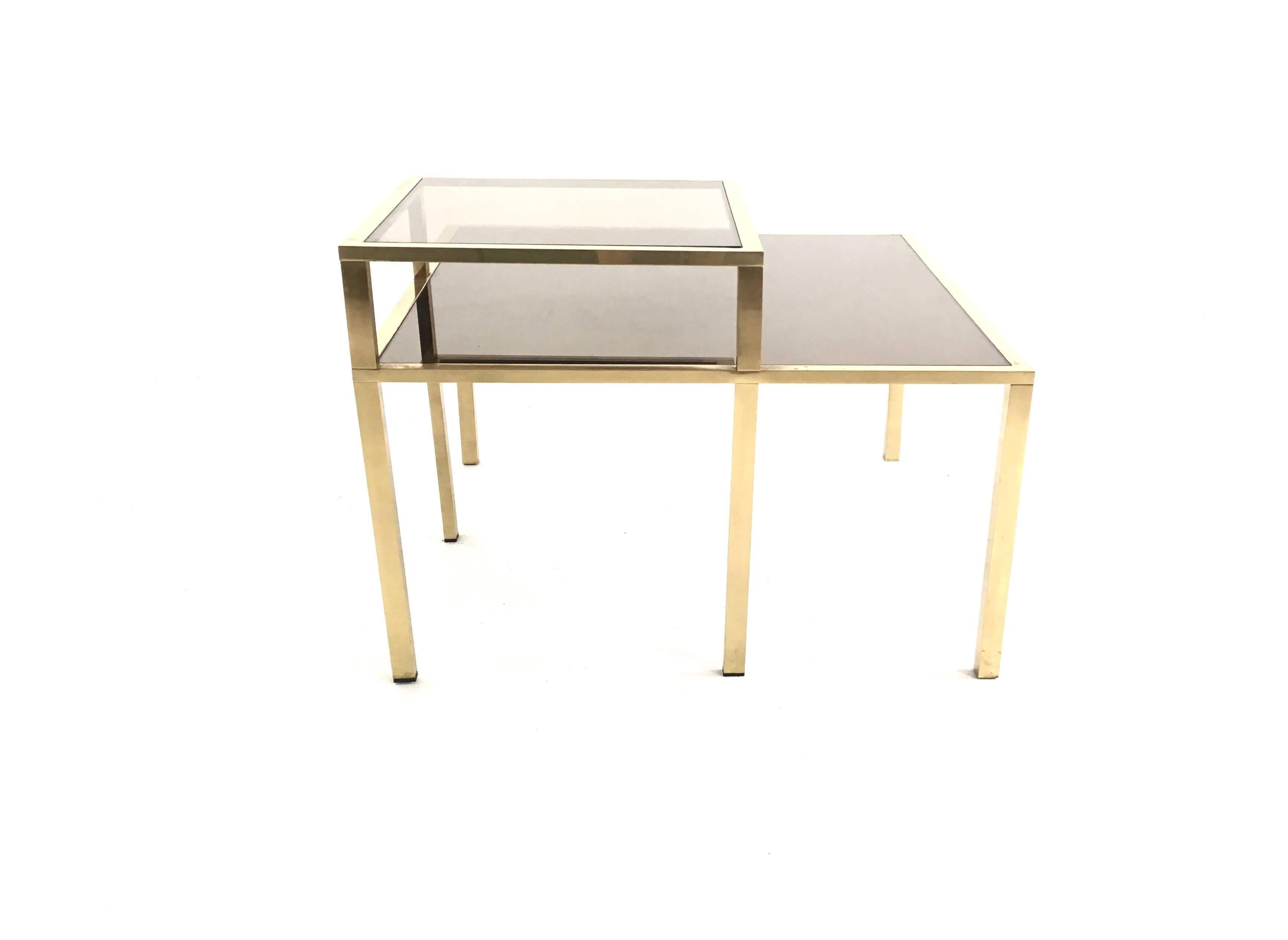 Italian Postmodern Square Brass Coffee Table with Glass Shelf and Mirrored Top, Italy For Sale