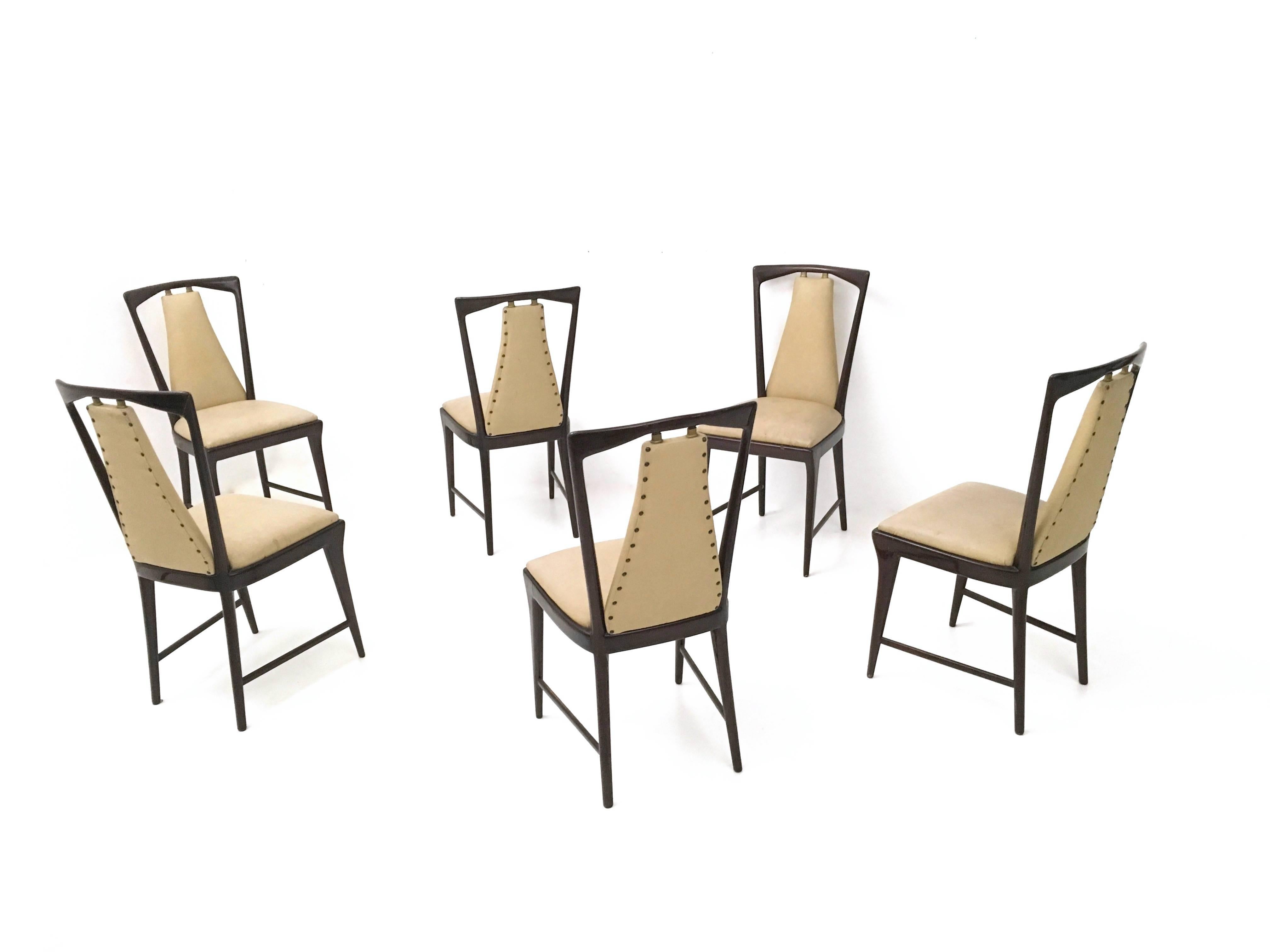 Mid-20th Century Set of Six Mahogany and Skai Chairs, style of Osvaldo Borsani, Italy, 1950s