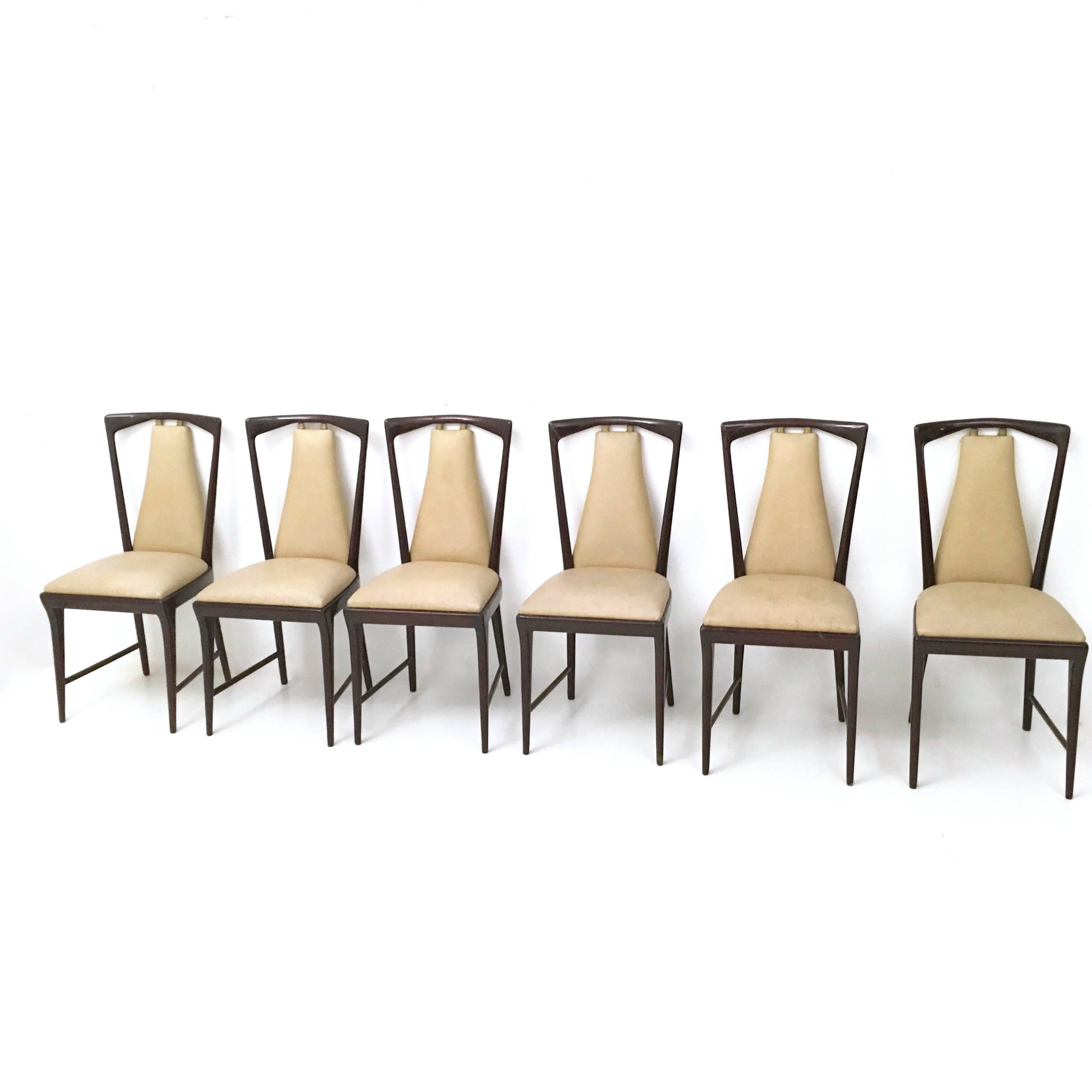 Set of Six Mahogany and Skai Chairs, style of Osvaldo Borsani, Italy, 1950s In Excellent Condition In Bresso, Lombardy