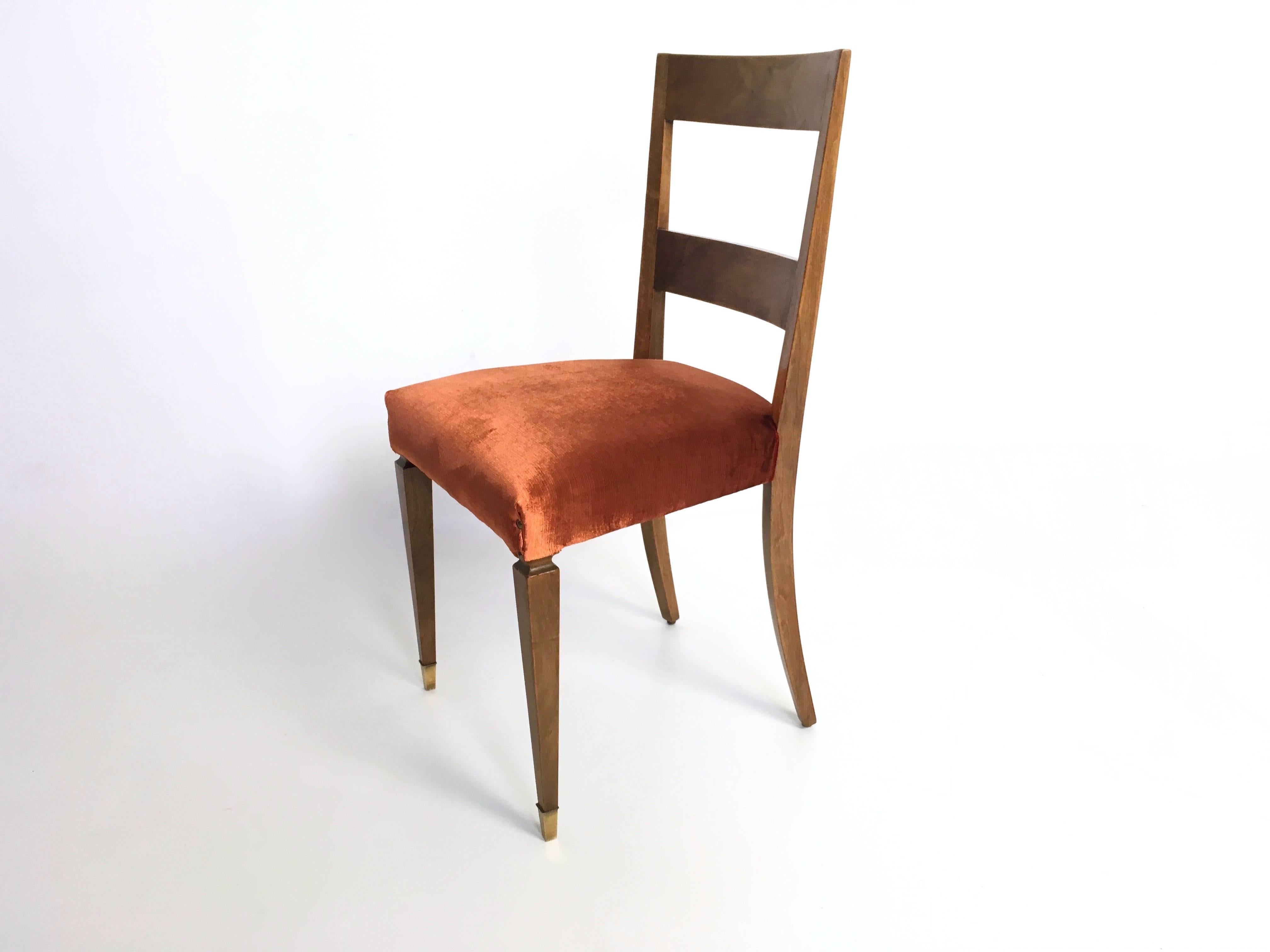Set of Ten Orange Fabric Upholstery and Walnut Dining Chairs, Italy For Sale 2