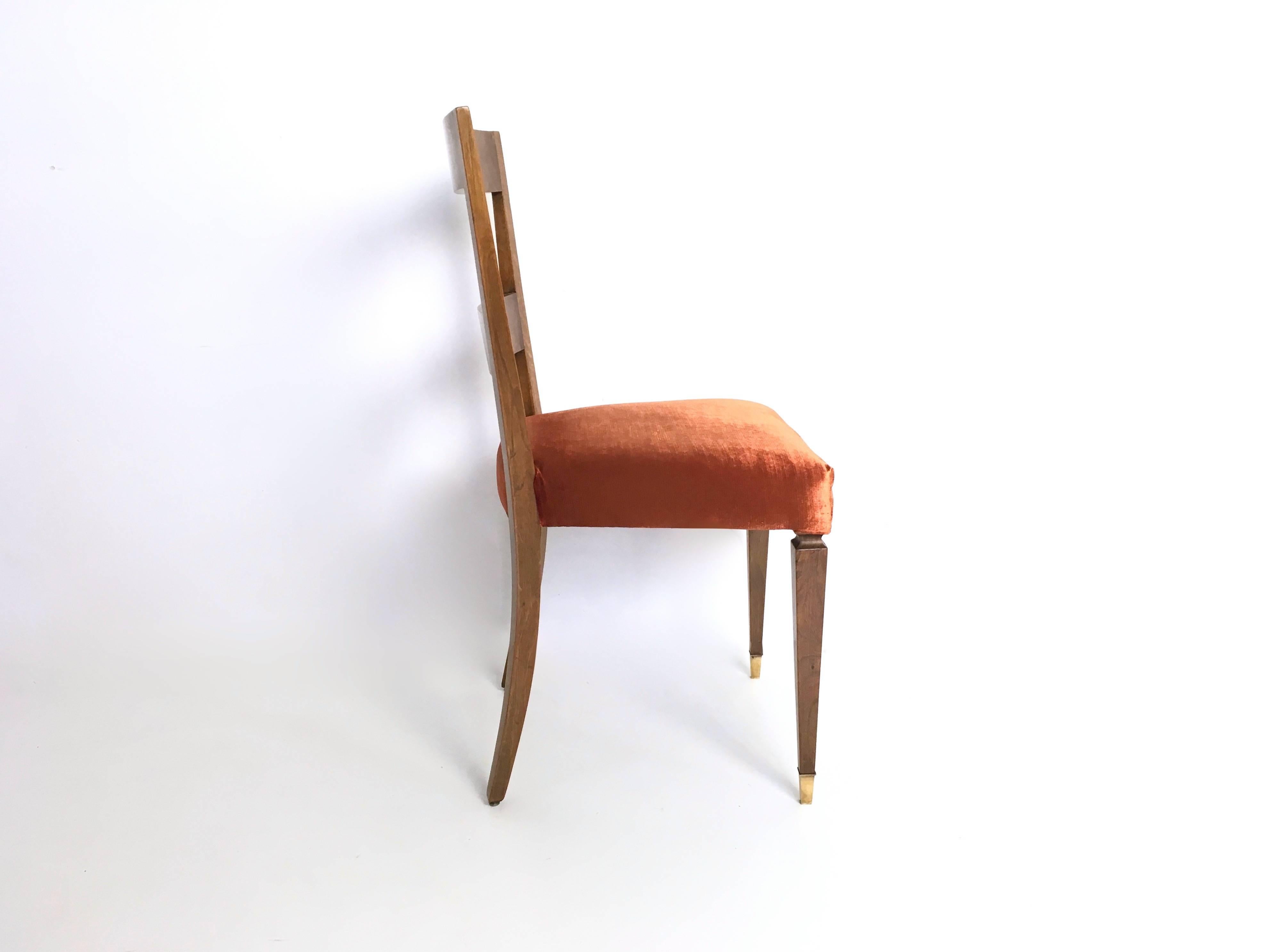 Ensemble de dix chaises de salle à manger en tissu orange et noyer, Italie en vente 2