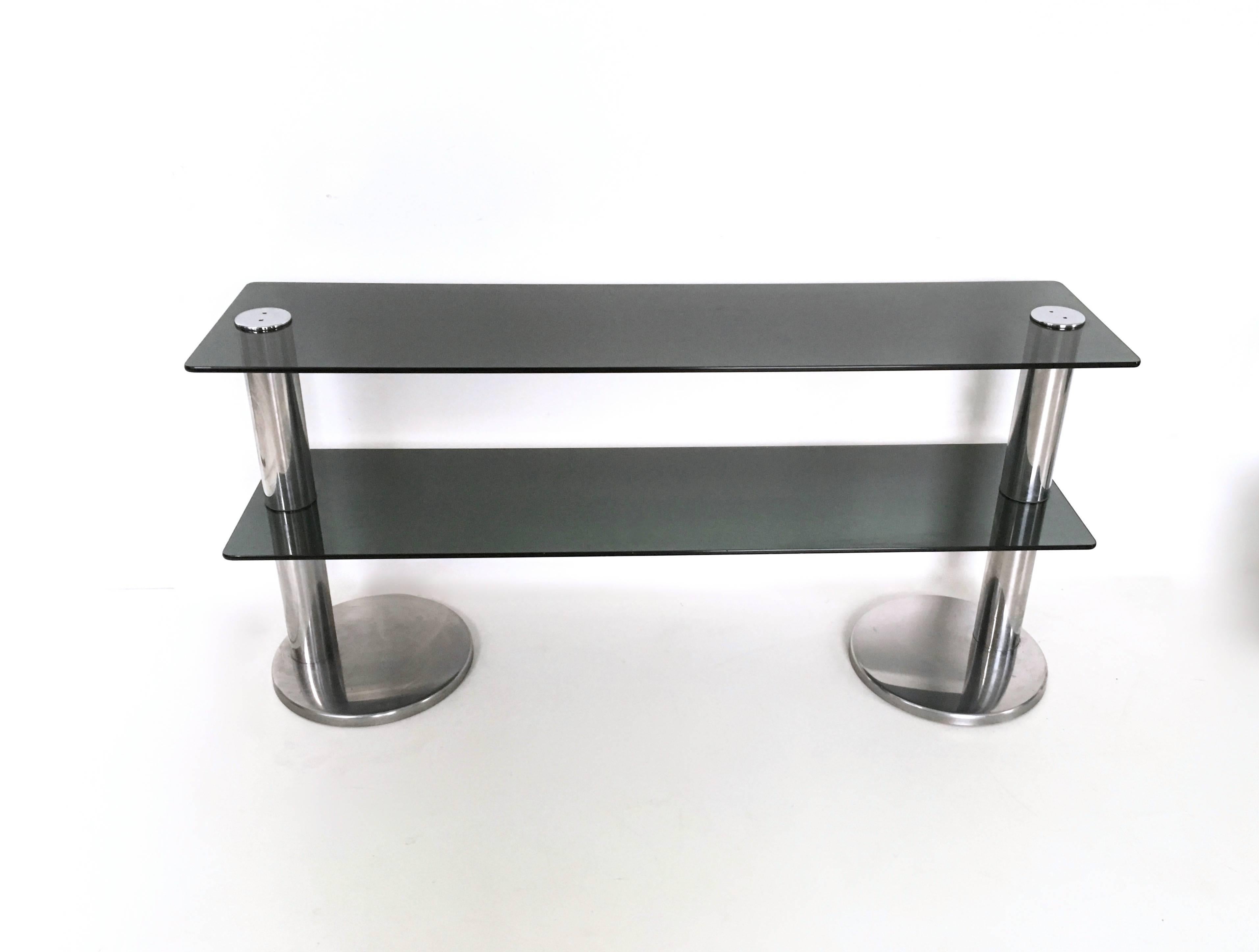 Pair of Chromed Metal Console Tables with Two-Glass Shelves, Italy, 1970s In Good Condition In Bresso, Lombardy