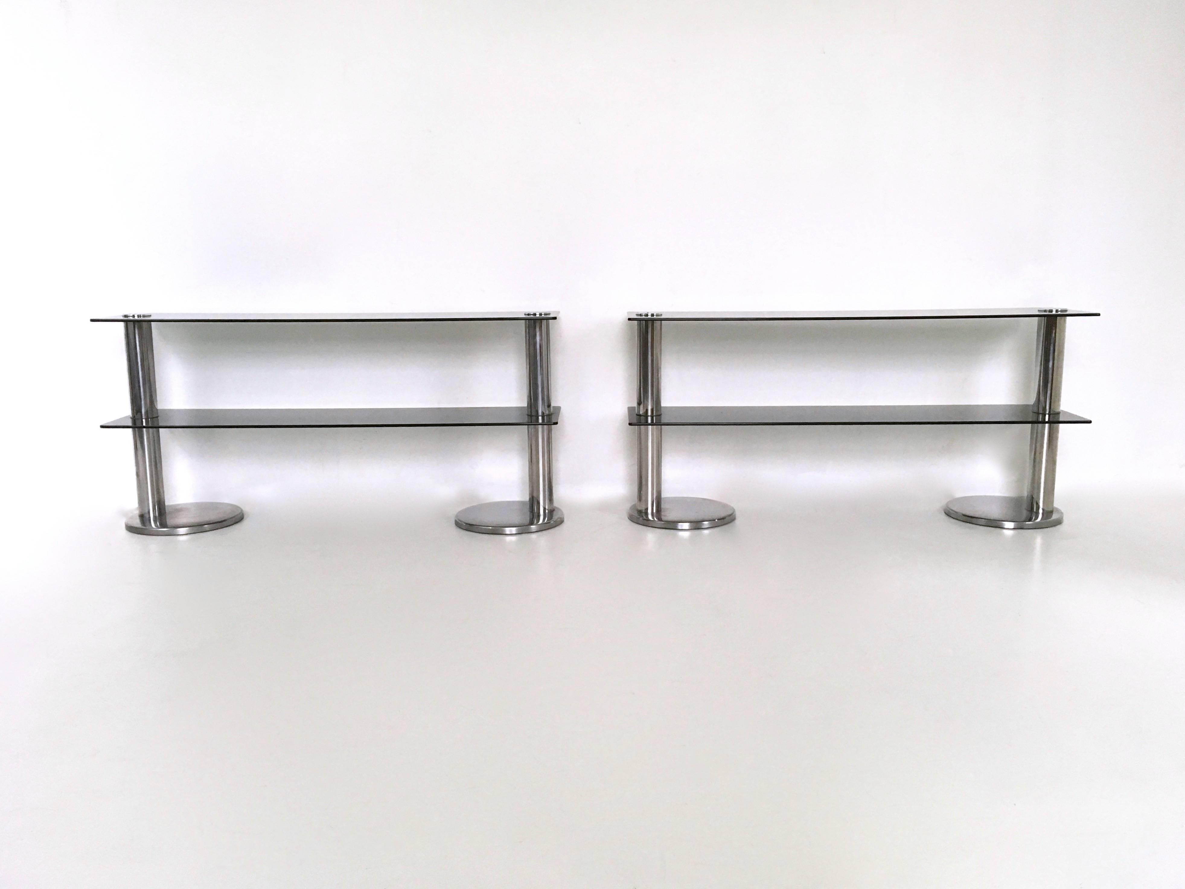 Italian Pair of Chromed Metal Console Tables with Two-Glass Shelves, Italy, 1970s
