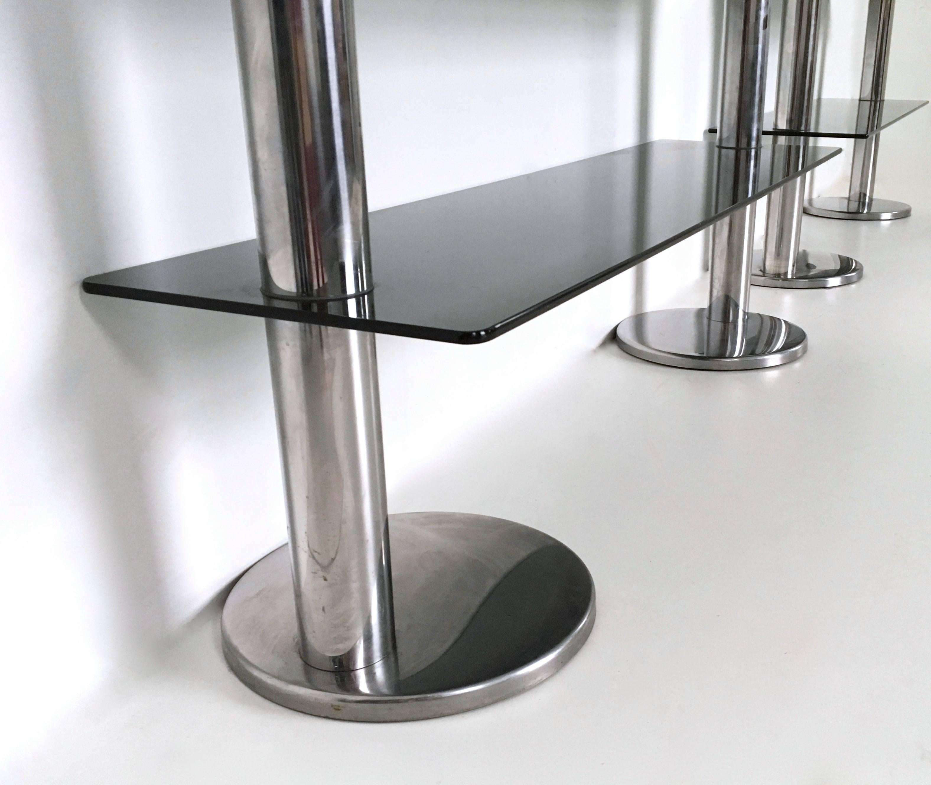Pair of Chromed Metal Console Tables with Two-Glass Shelves, Italy, 1970s 3