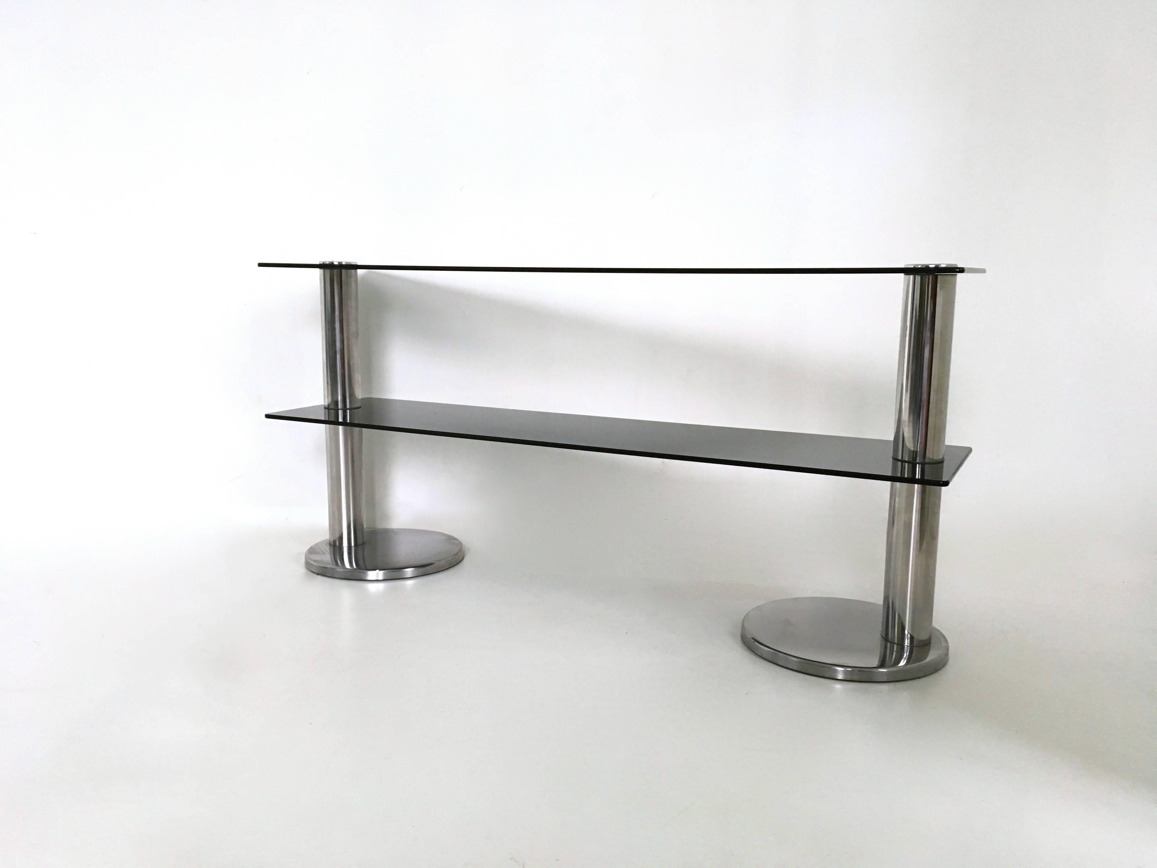 Late 20th Century Pair of Chromed Metal Console Tables with Two-Glass Shelves, Italy, 1970s