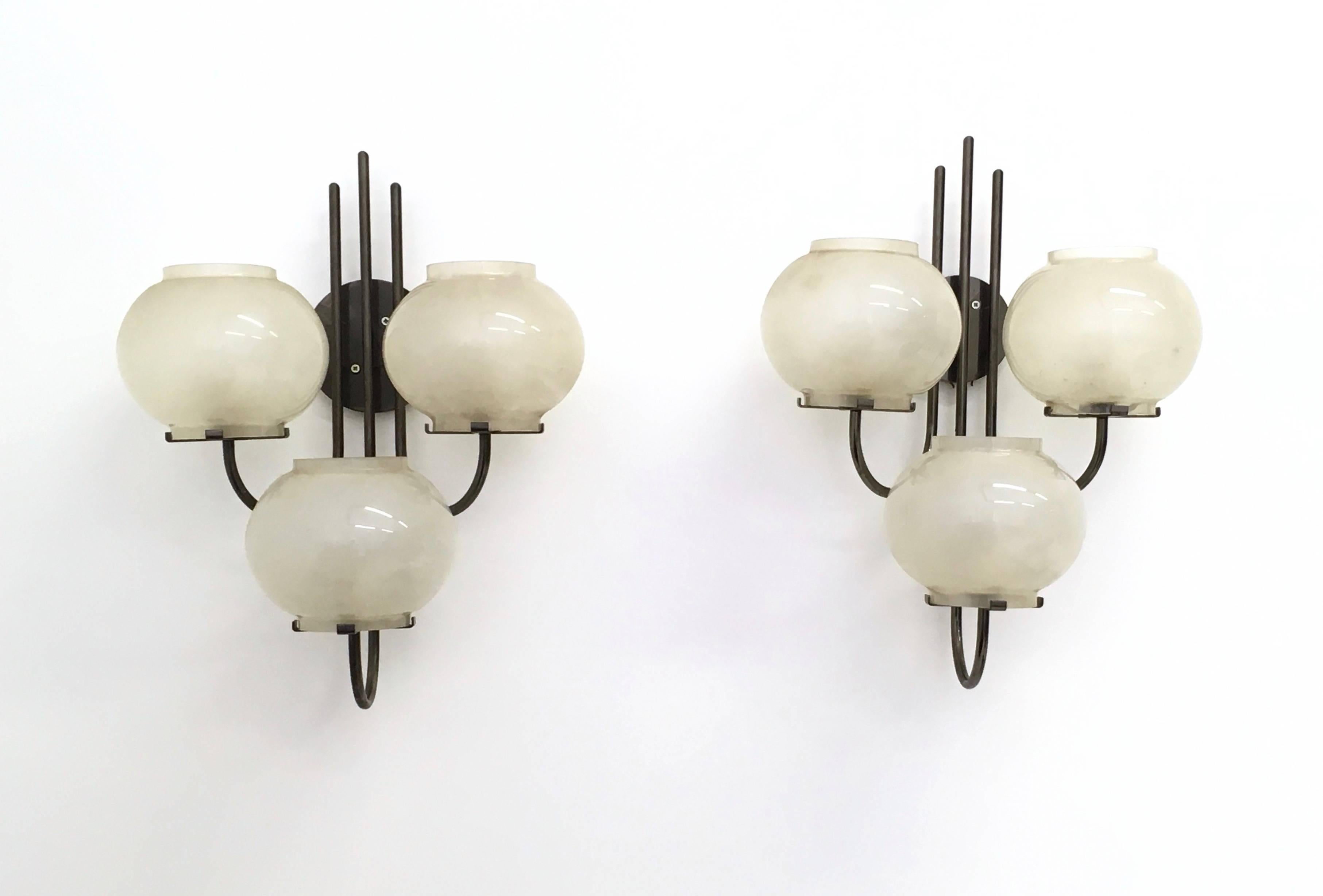 Frosted Pair of Sconces in the Style of Gino Sarfatti for Arteluce, Italy, 1960s