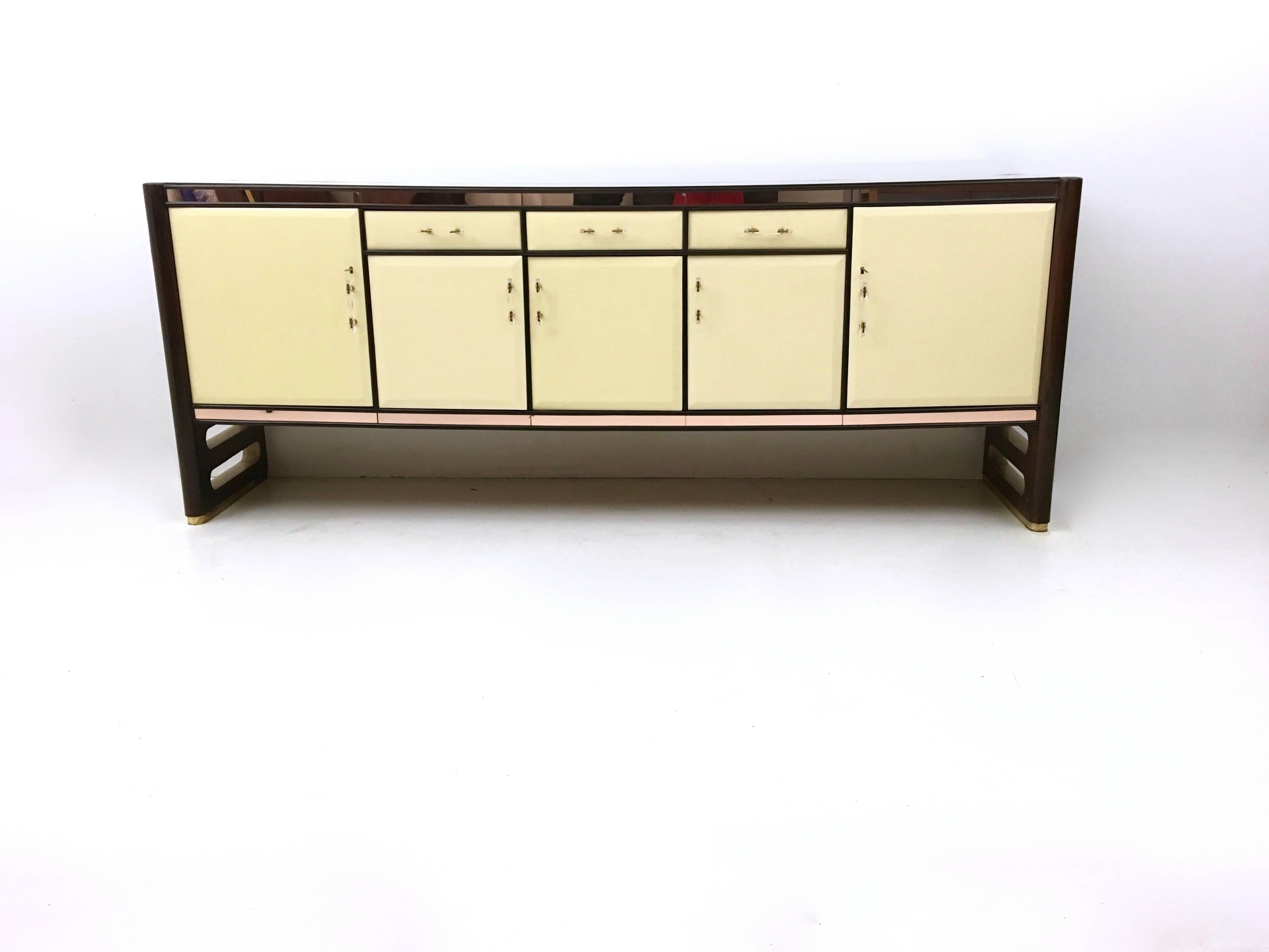 Lacquered Wood and Pink Mirror Sideboard, 1940s