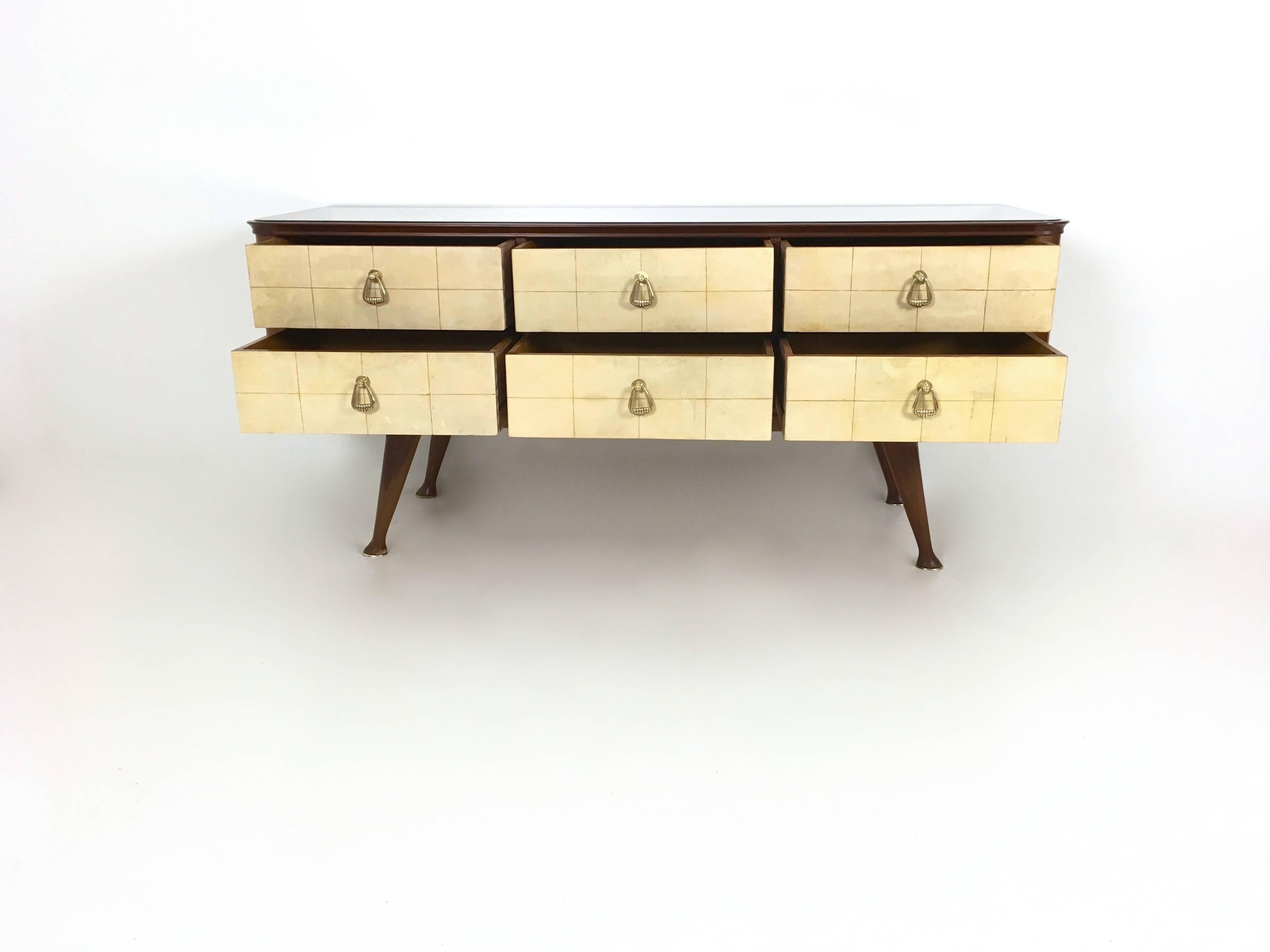 Brass Mahogany and Parchment Dresser, 1950s