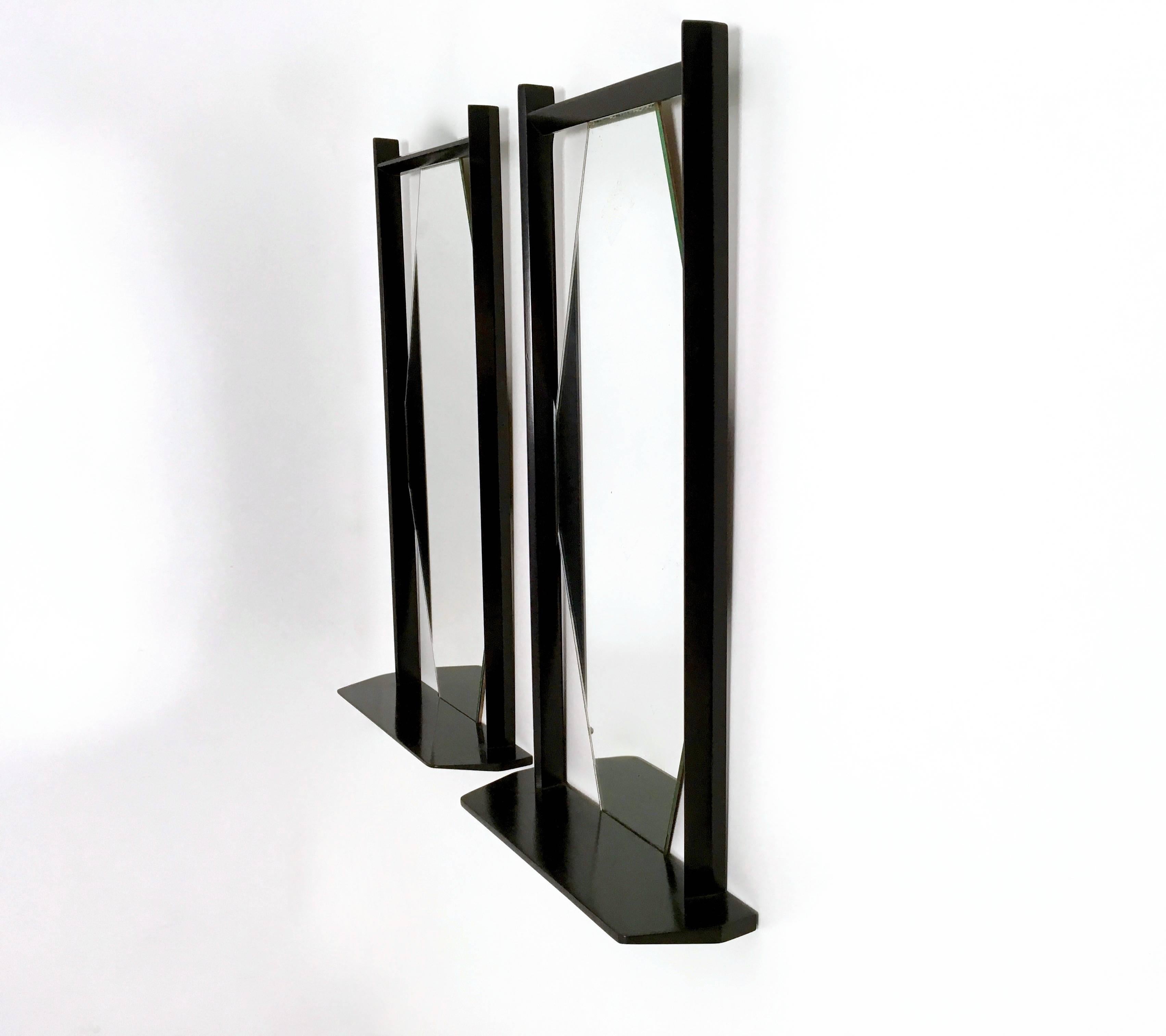 Italian Pair of Midcentury Rectangular Black Ebonized Wood Wall Mirrors, Italy, 1960s