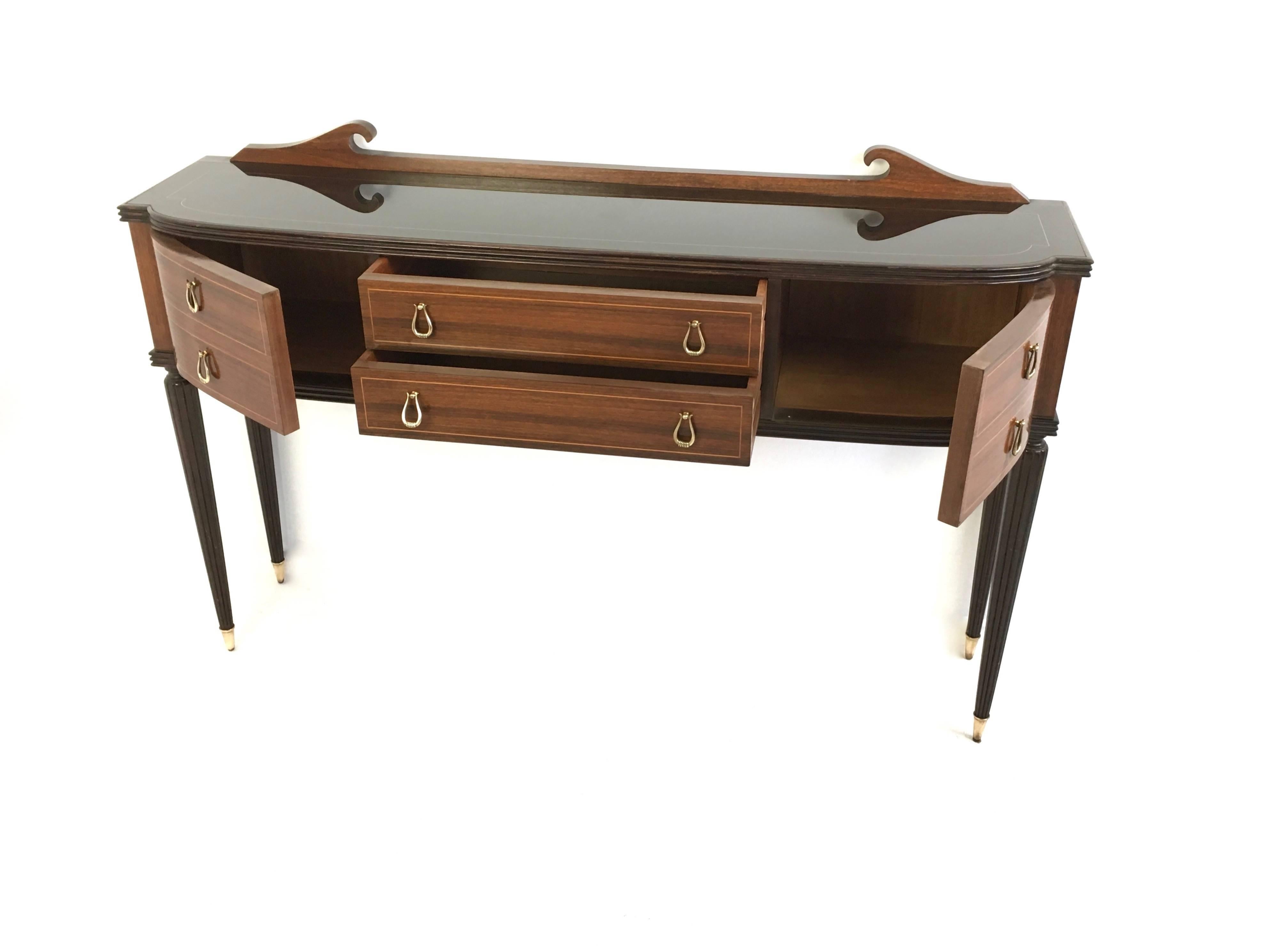 Brass Rosewood and Glass Console Table in the Style of Paolo Buffa, 1950s